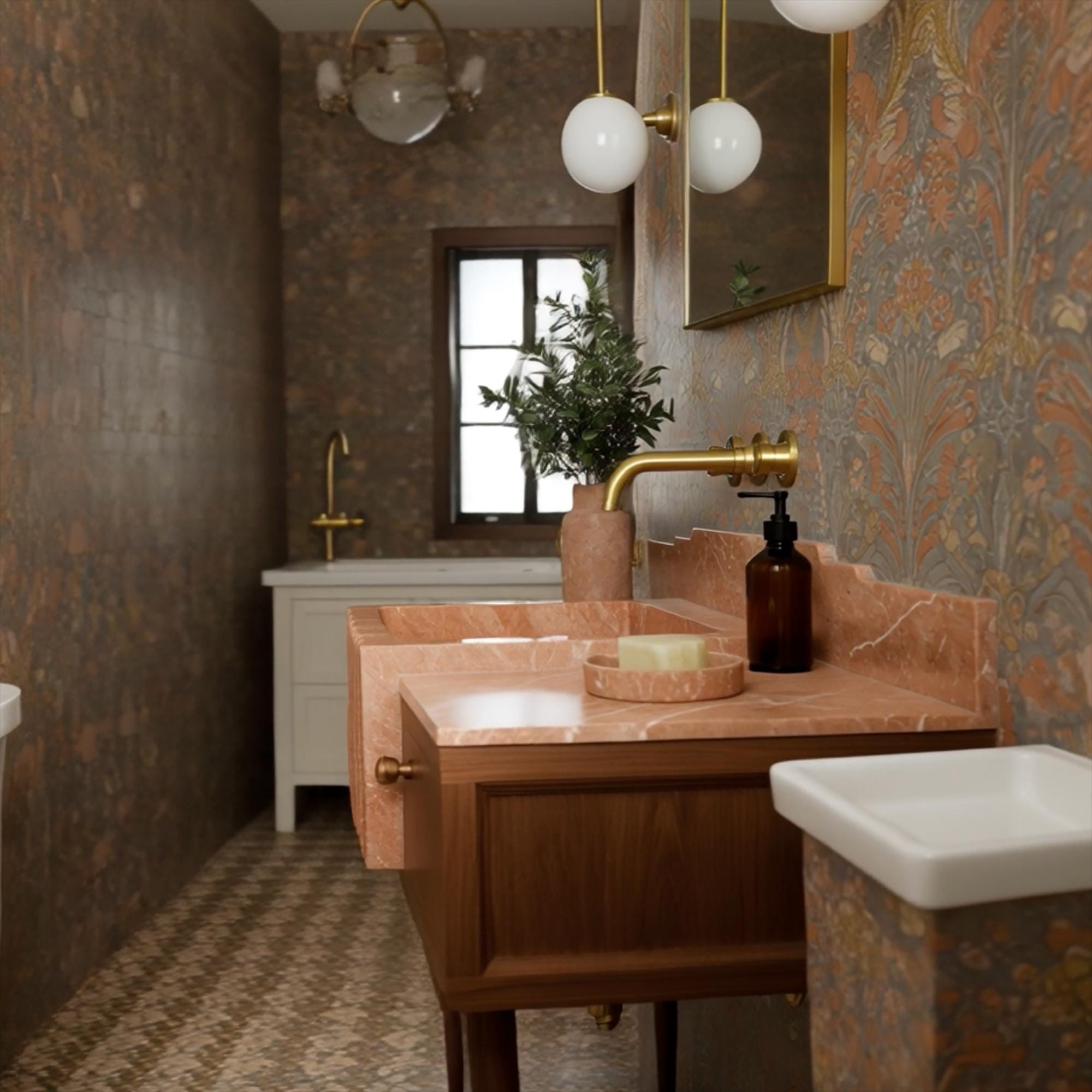 Elegant hand-carved marble sink with fluted apron detail set in custom wood bathroom console