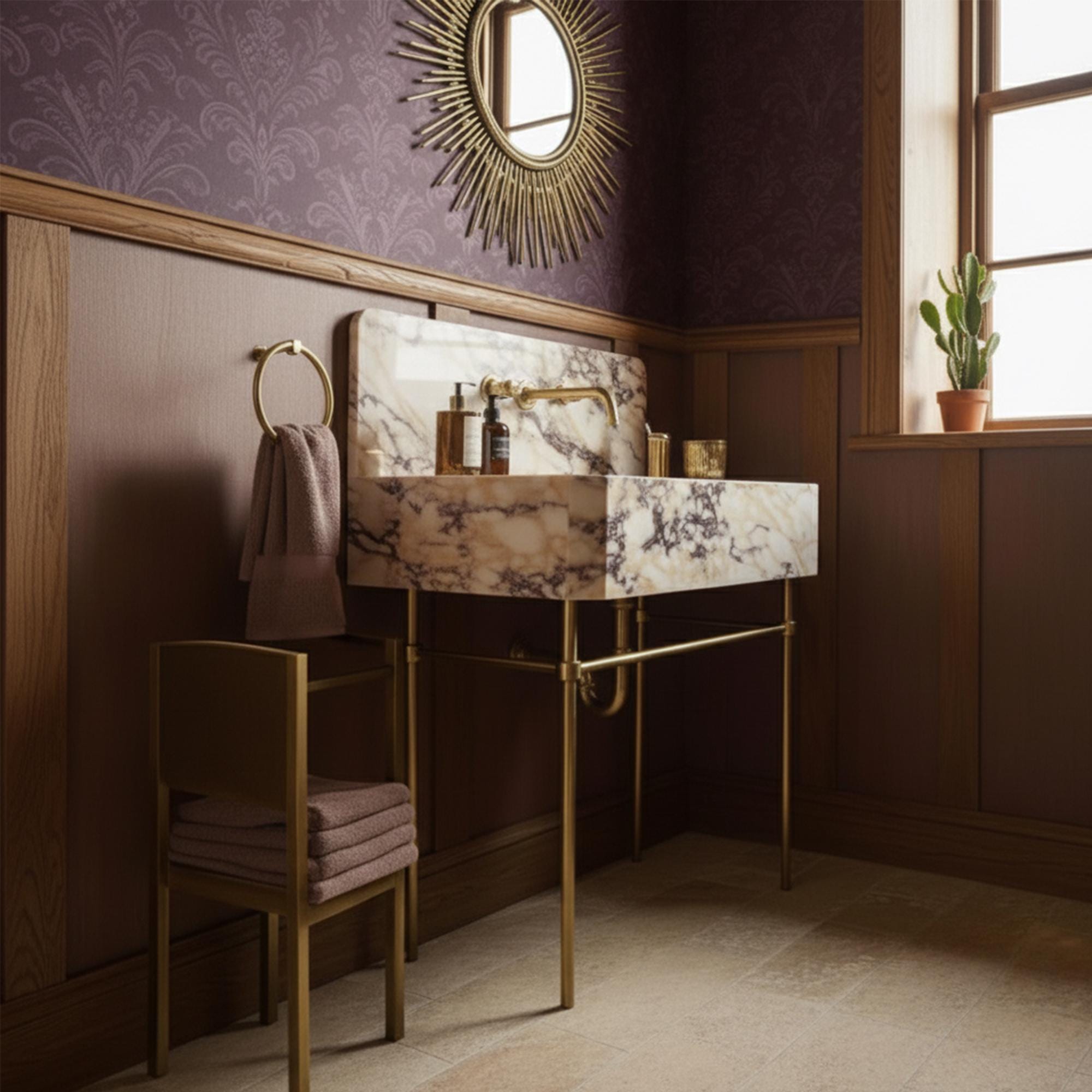Hand-carved Calacatta Amber Viola sink with integrated backsplash and brass console frame