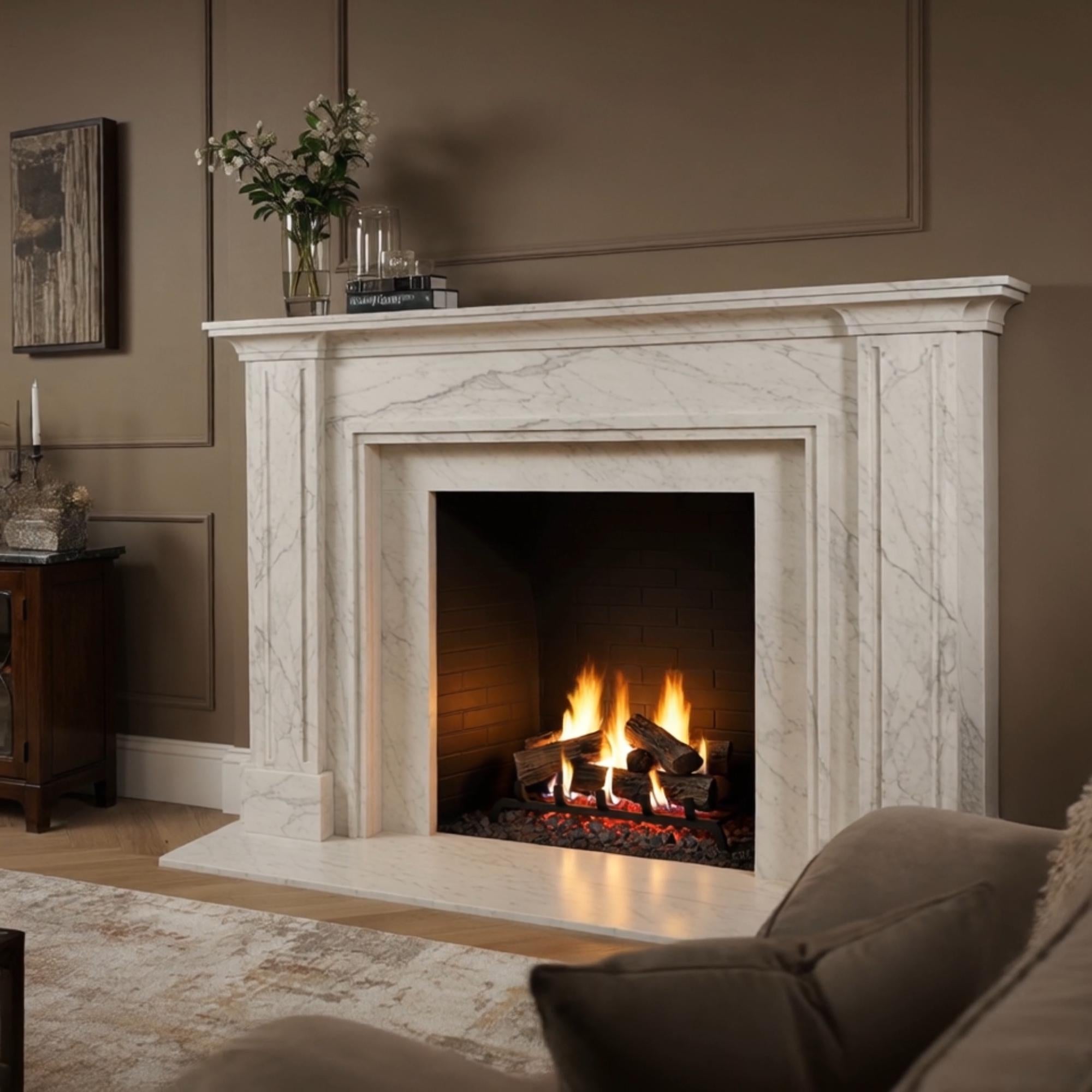 Handcrafted white Carrara marble fireplace surround featuring elegant detailing and smooth finish