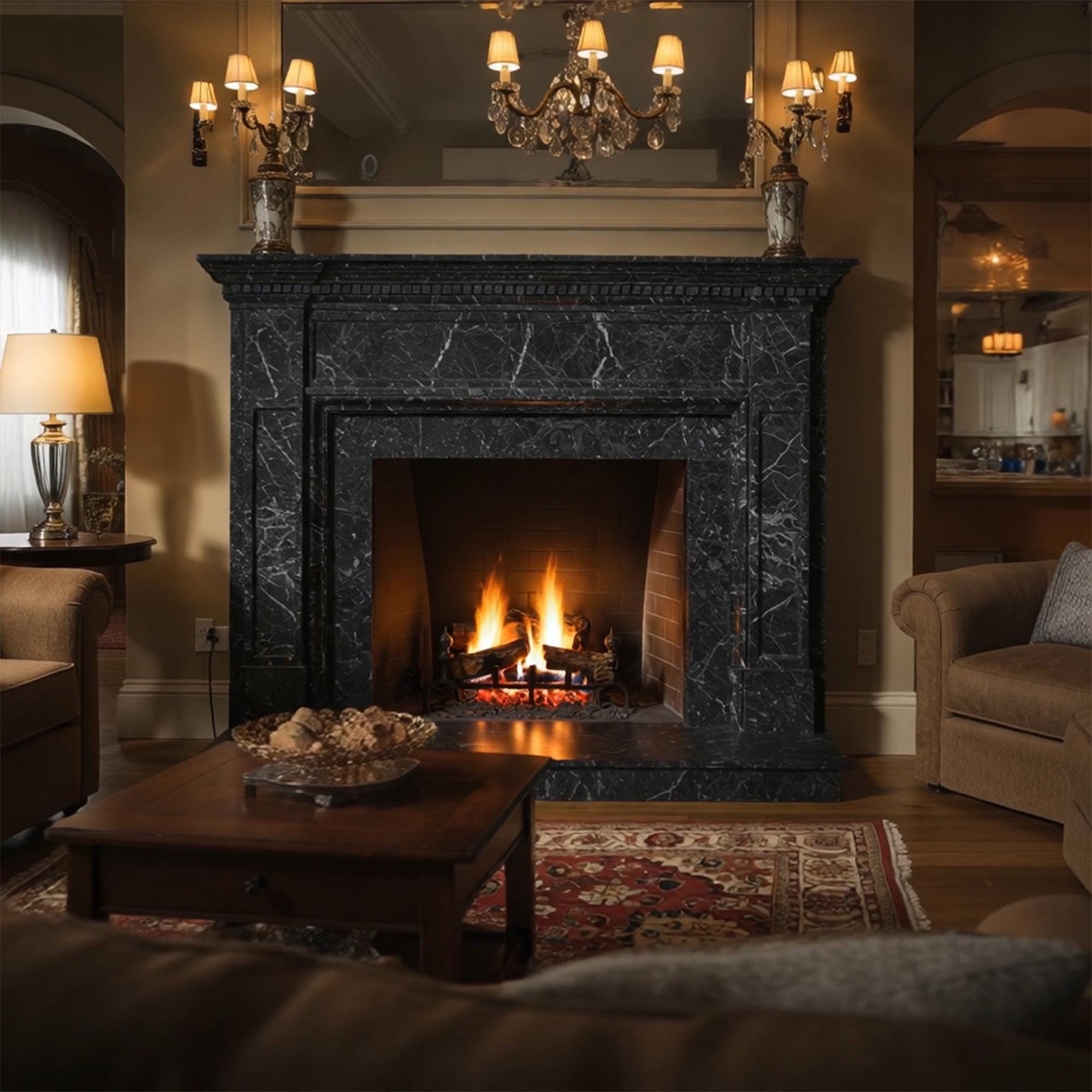 Handmade black marble fireplace surround featuring intricate molding and a polished stone finish