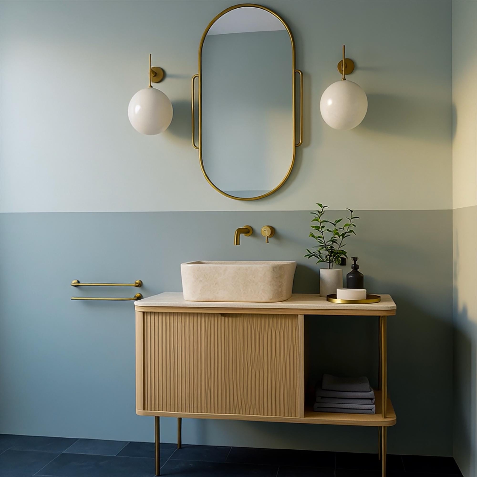 Handcrafted natural stone sink resting on modern wooden cabinet with sliding door