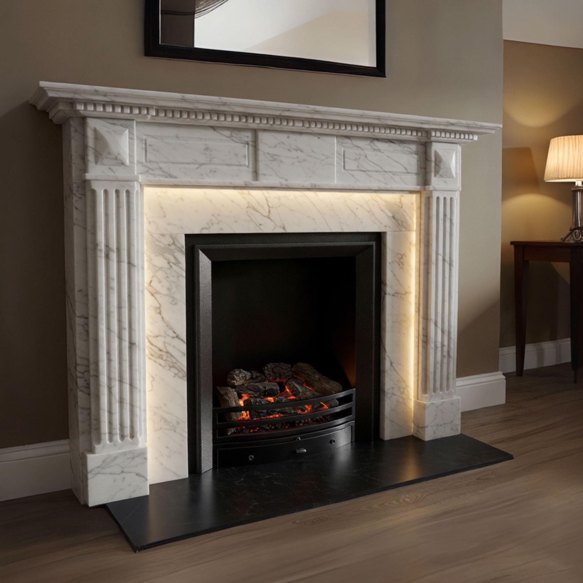 Handcrafted white marble fireplace mantel featuring clean lines, carved accents, and modern LED illumination