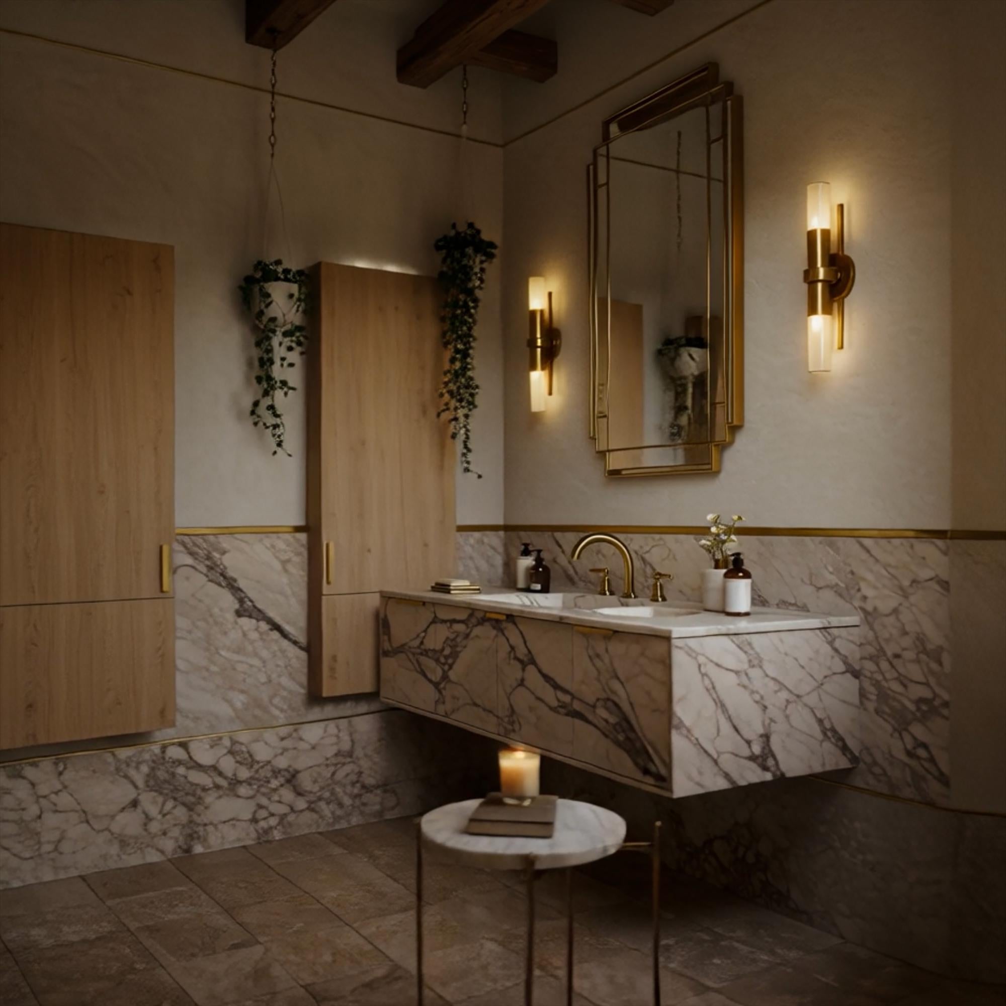 Floating vanity with integrated Calacatta Monet marble sink and flush drawers for a clean look