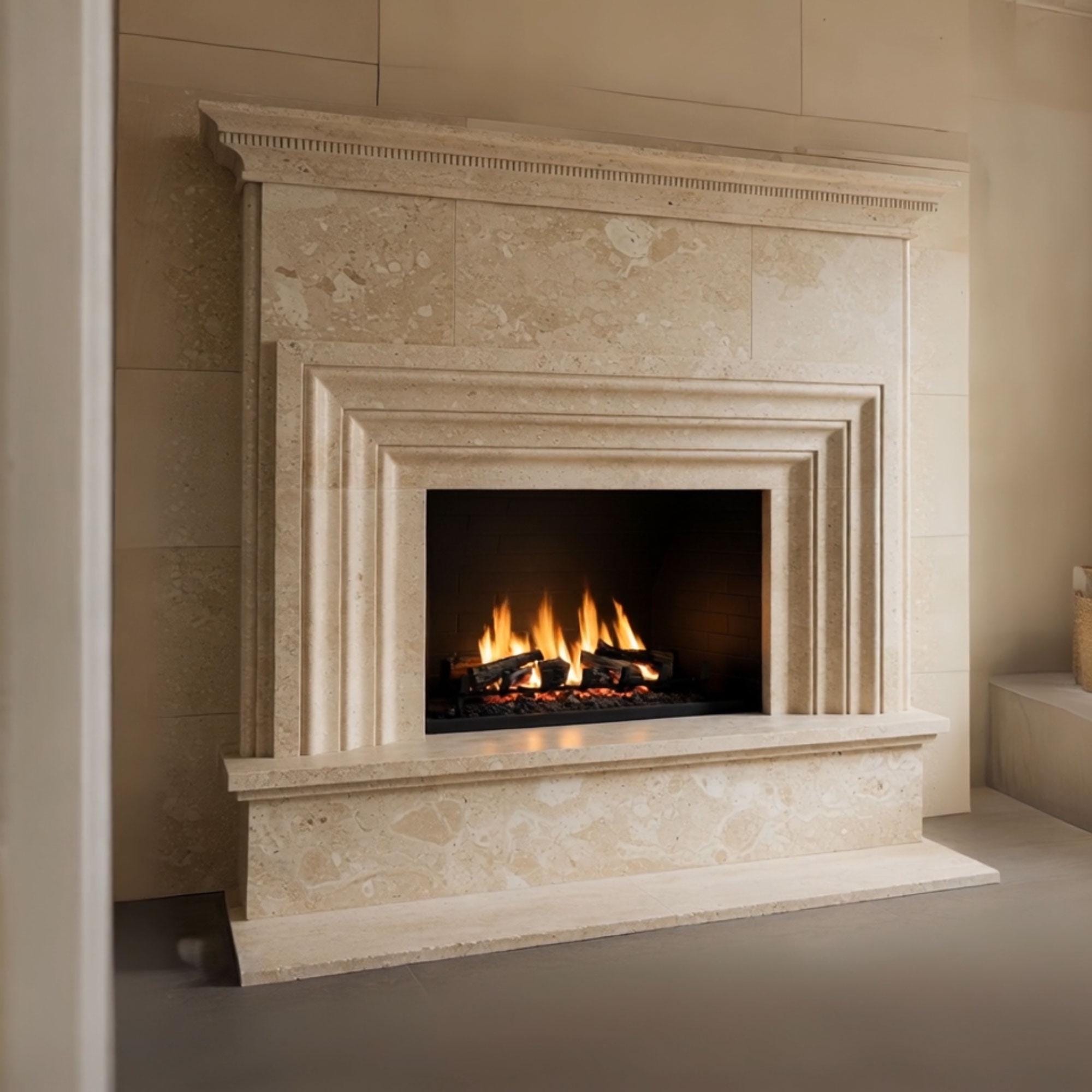 Handcrafted beige marble fireplace with geometric tiered surround and elegant traditional craftsmanship