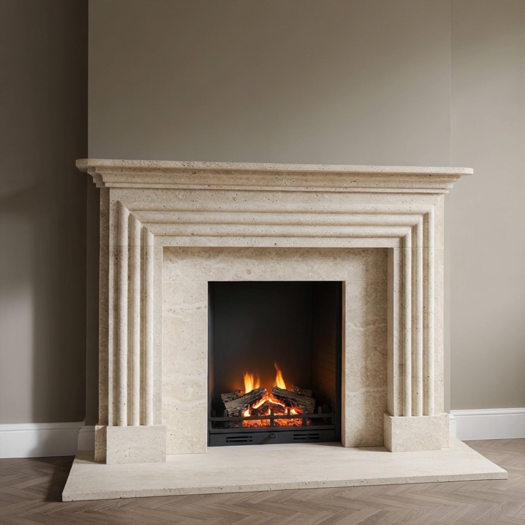 Contemporary fluted marble fireplace mantel with layered detailing and a custom stone surround