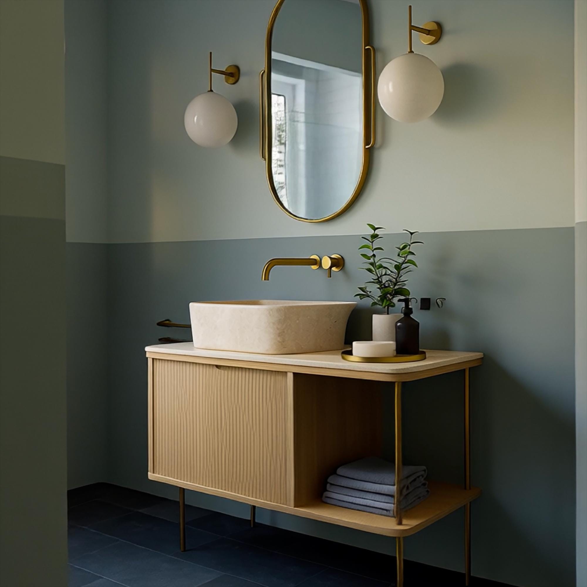 Natural stone sink basin paired with vertical groove wood vanity and brass accents