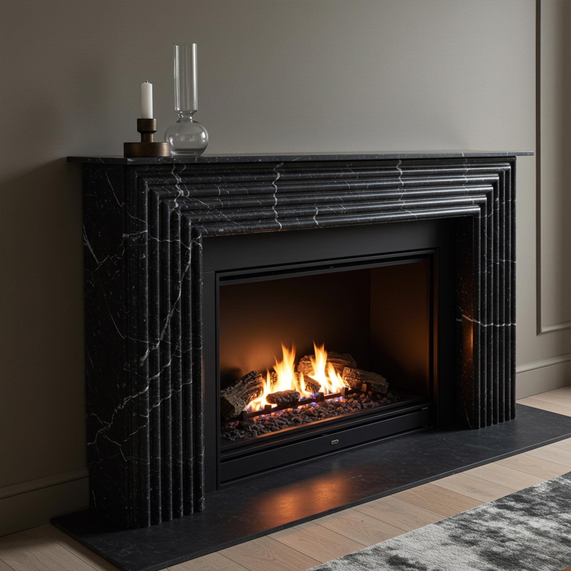 Elegant handcrafted fireplace surround in deep black marble, enhanced with linear fluted carving