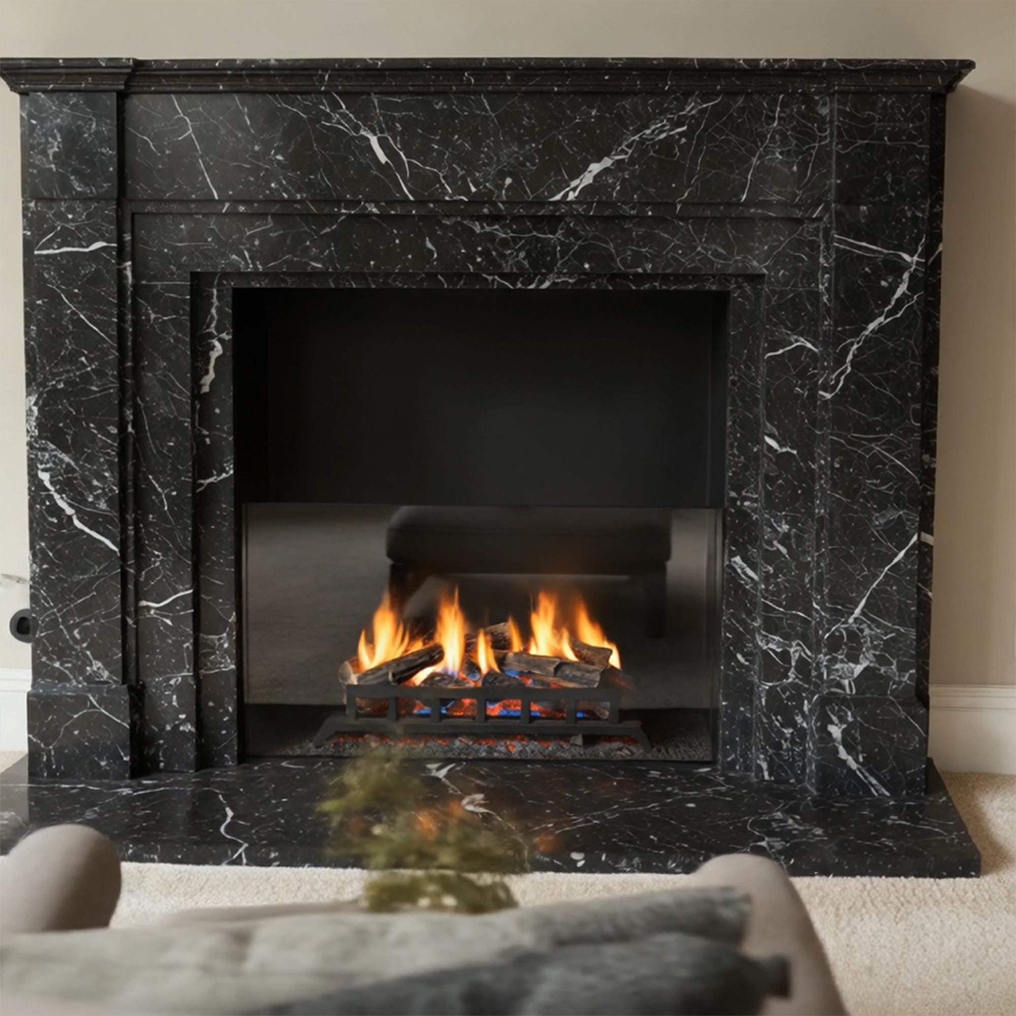 Sophisticated fireplace design with luxurious black marble featuring bold natural veining