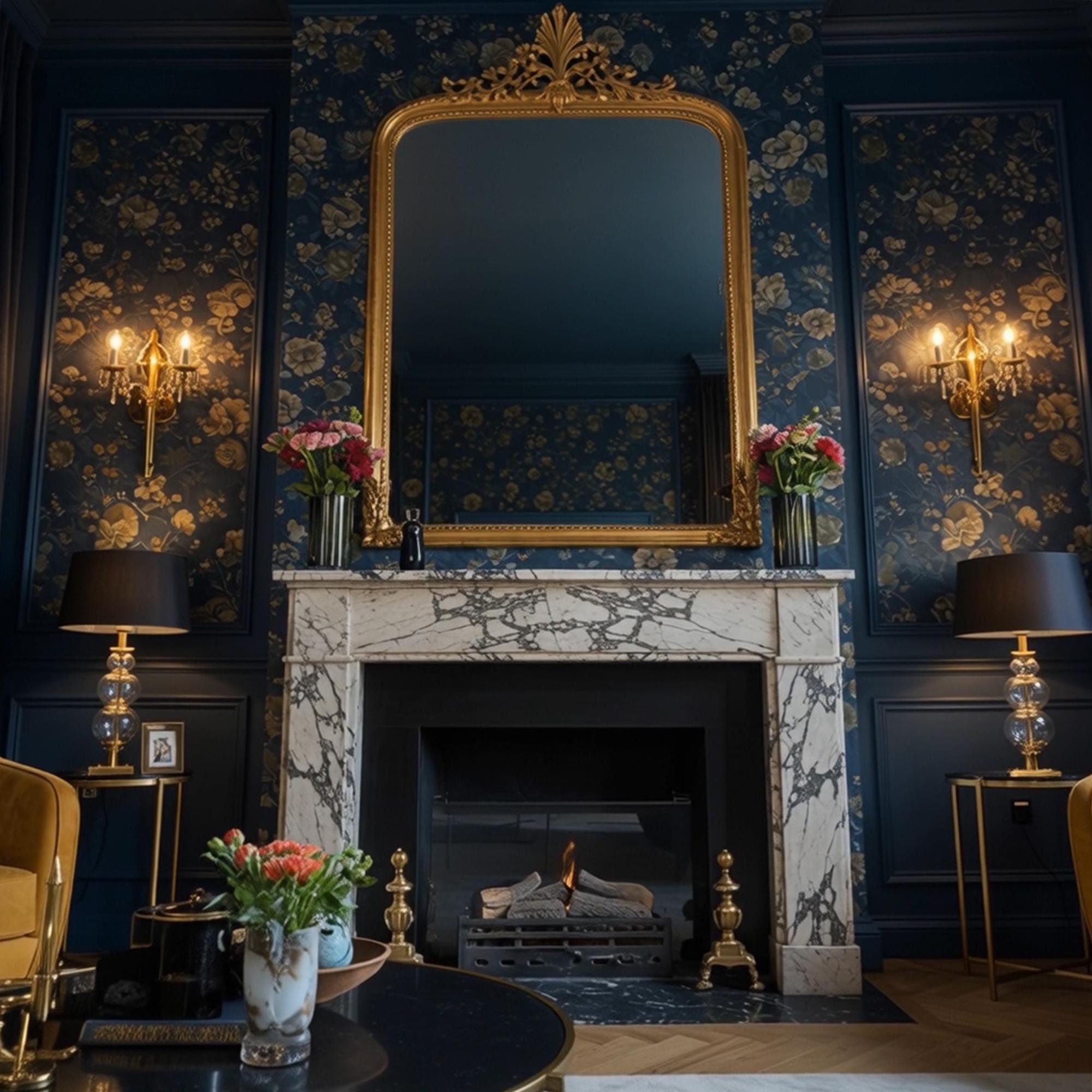 Luxurious Calacatta Viola marble fireplace surround set against a dramatic floral blue wall and gold accents