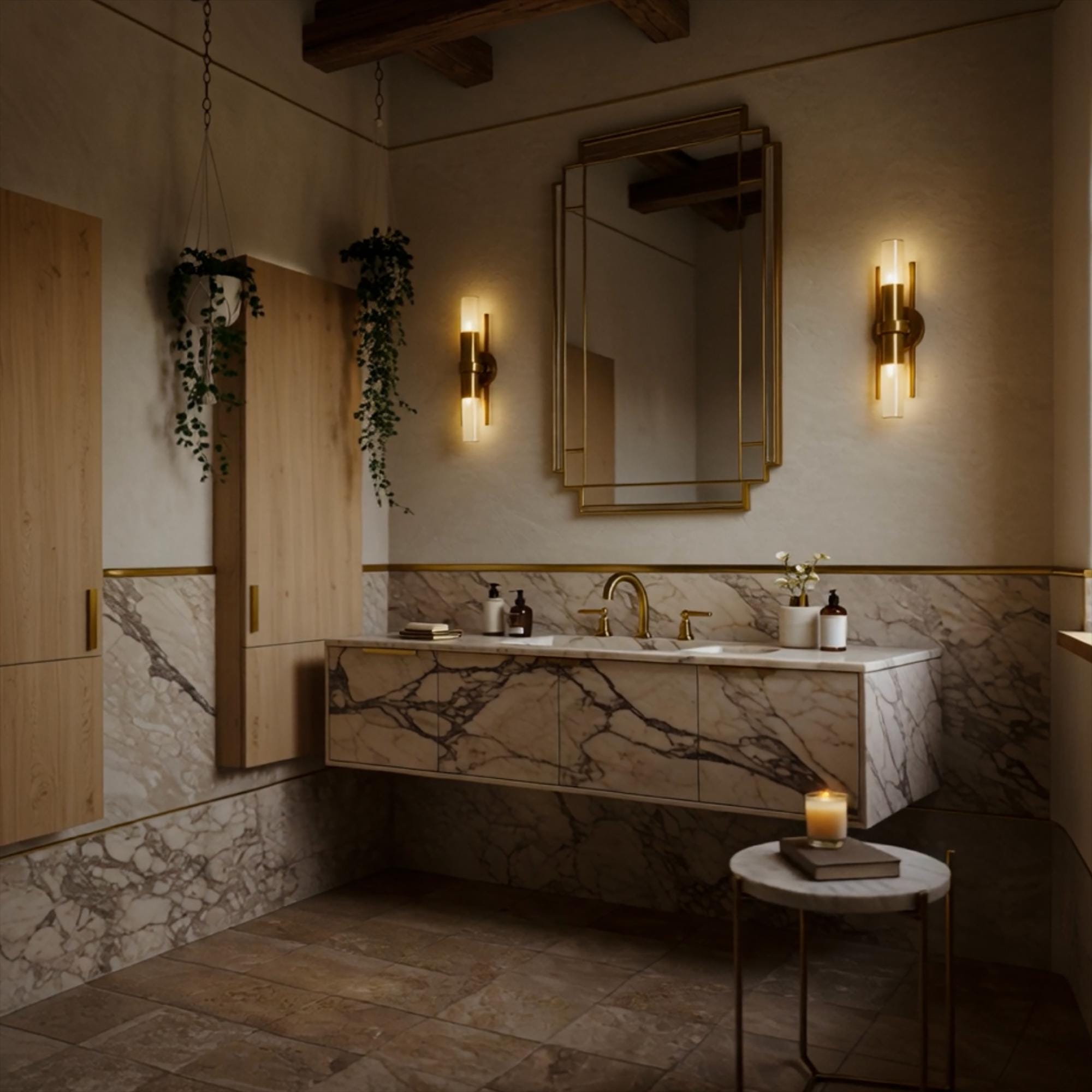 Luxury marble bathroom vanity with integrated storage and seamless stone sink