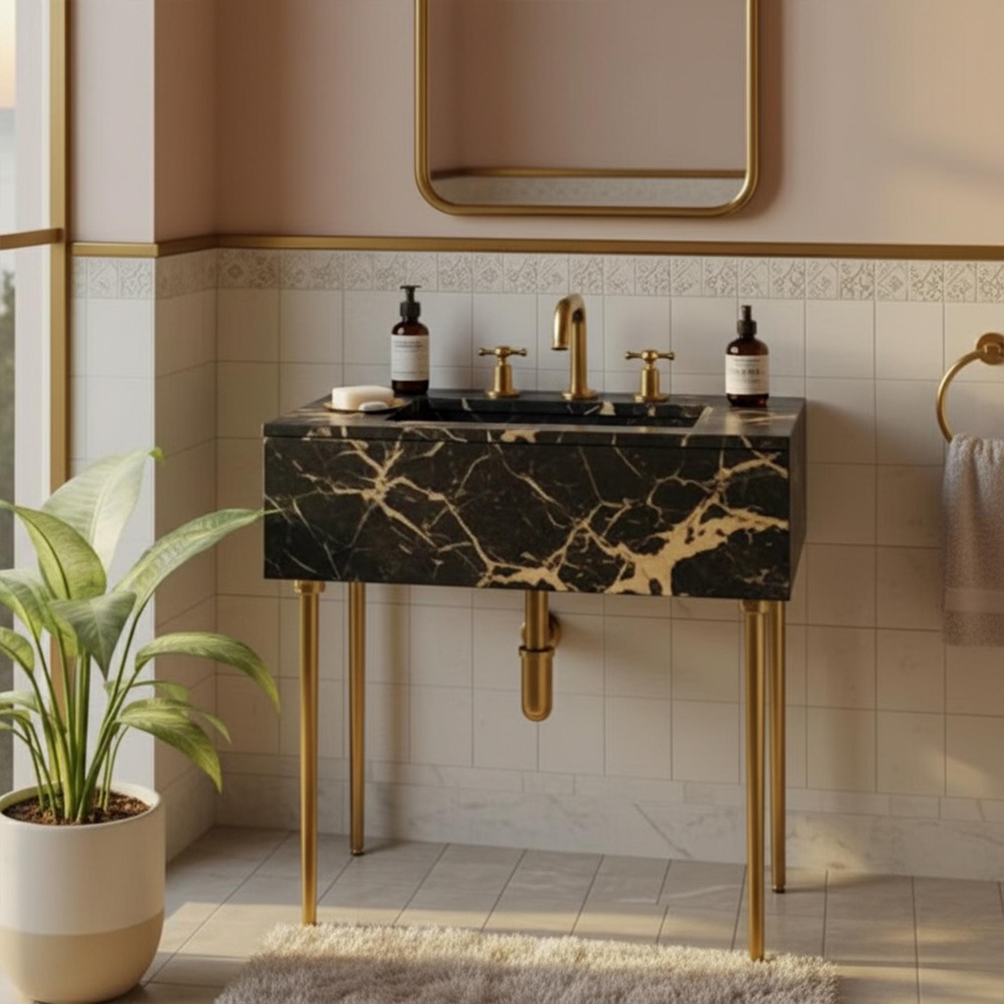 Luxury integrated marble vanity console in Picasso stone with gold-toned fixtures and stand