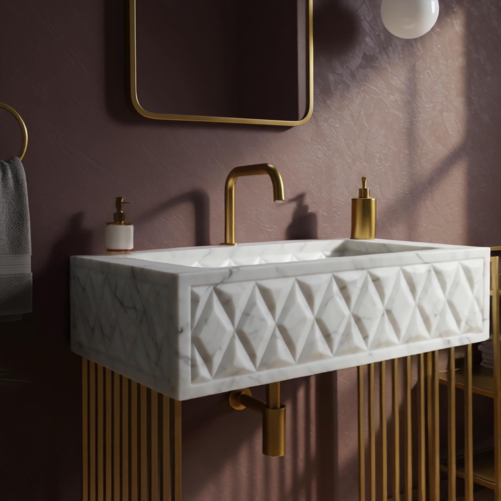 Floating console sink crafted from Carrara marble featuring sharp faceted edges and a brass frame