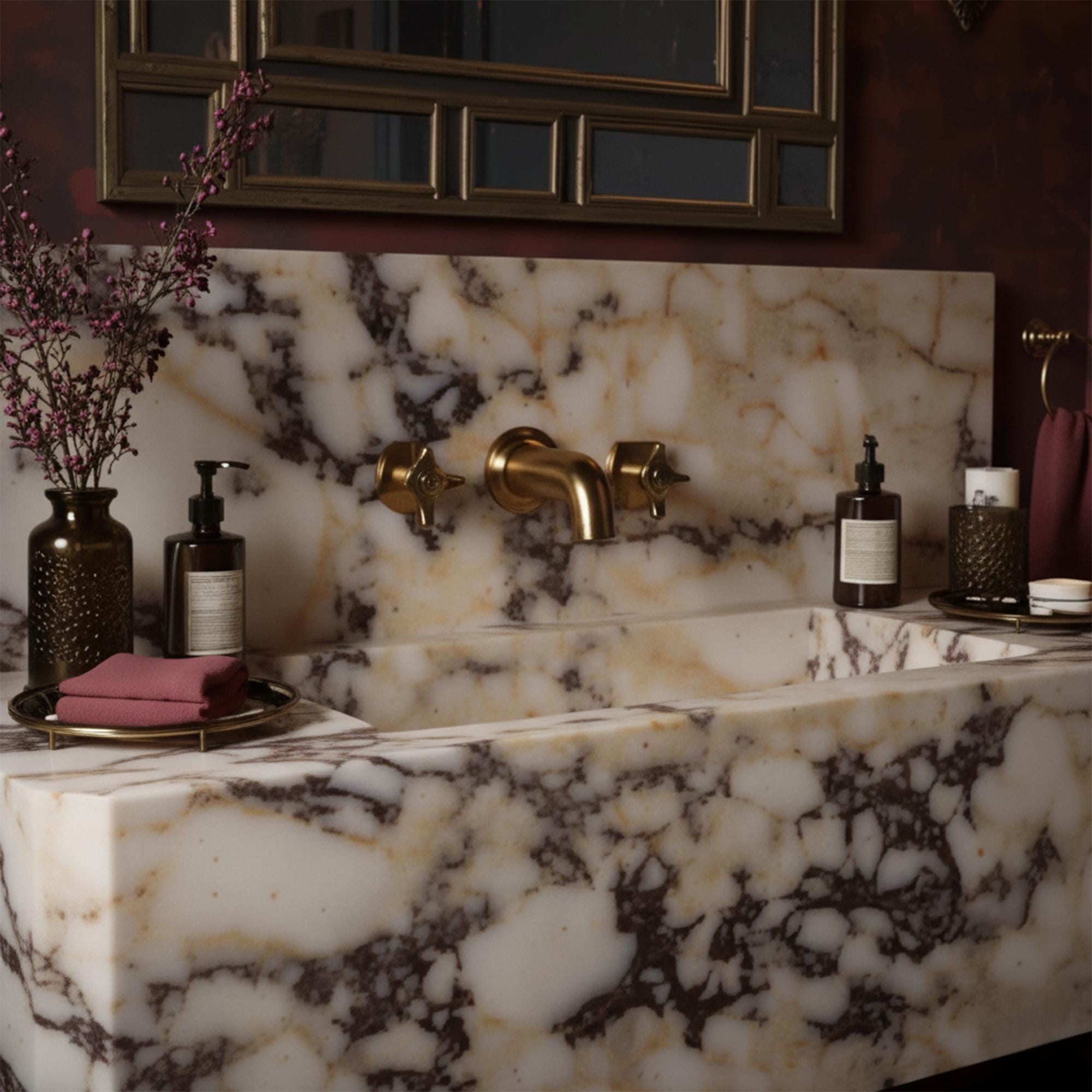 Luxury floating vanity with hand-carved Calacatta Amber Viola marble and striking natural pattern
