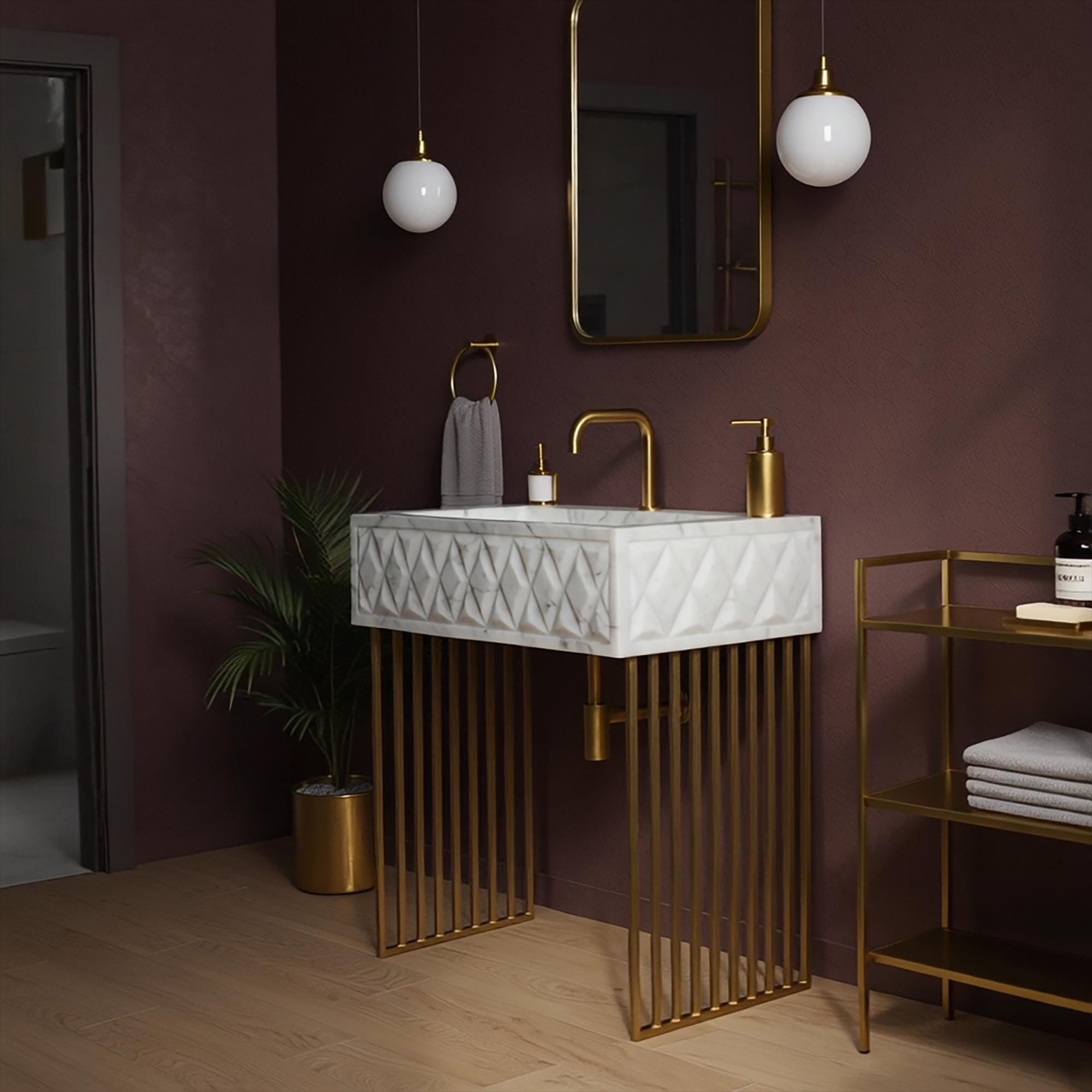 Geometric design Carrara marble basin with integrated vanity and luxury gold stand