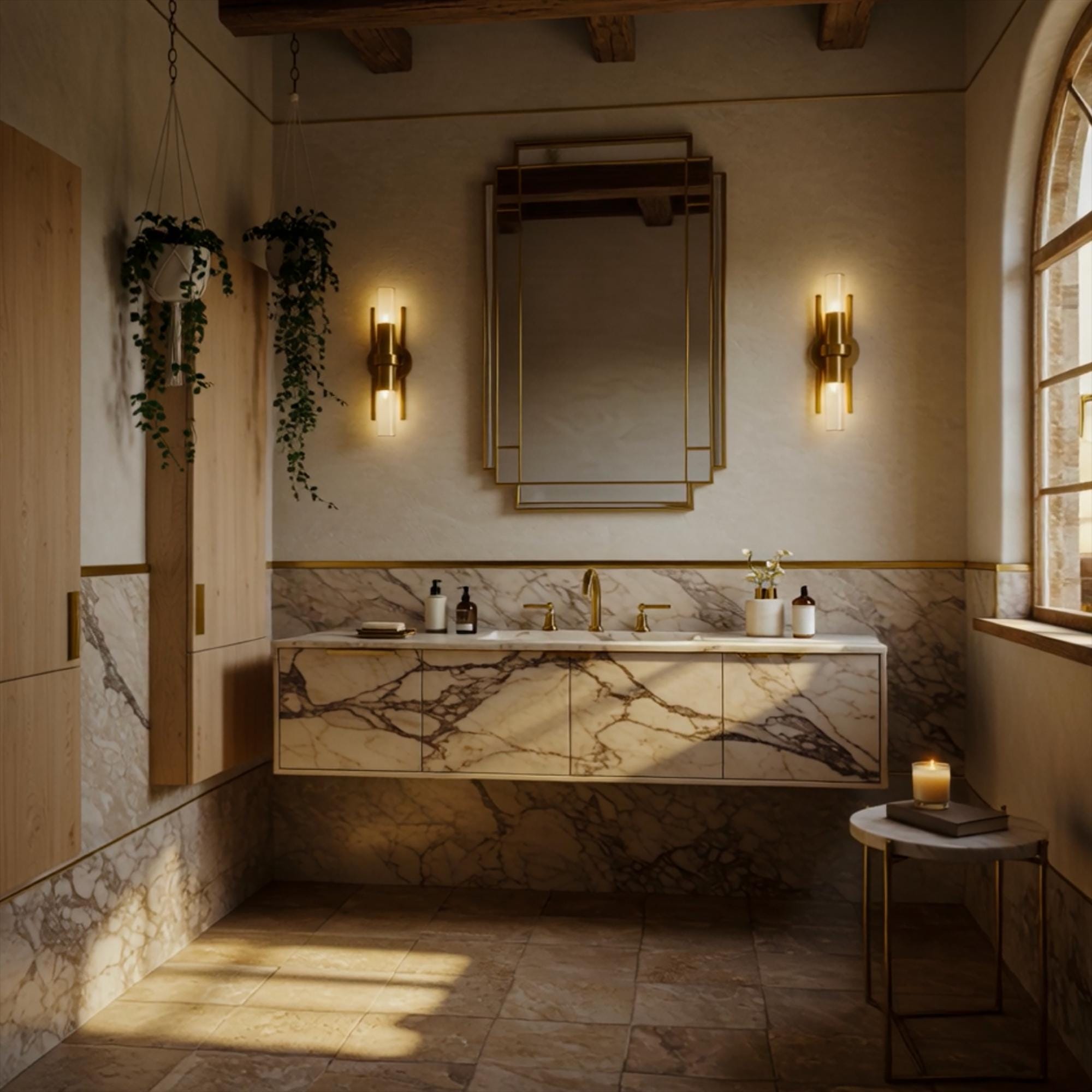 Modern floating bathroom vanity crafted from Calacatta Monet marble with stone-front drawers