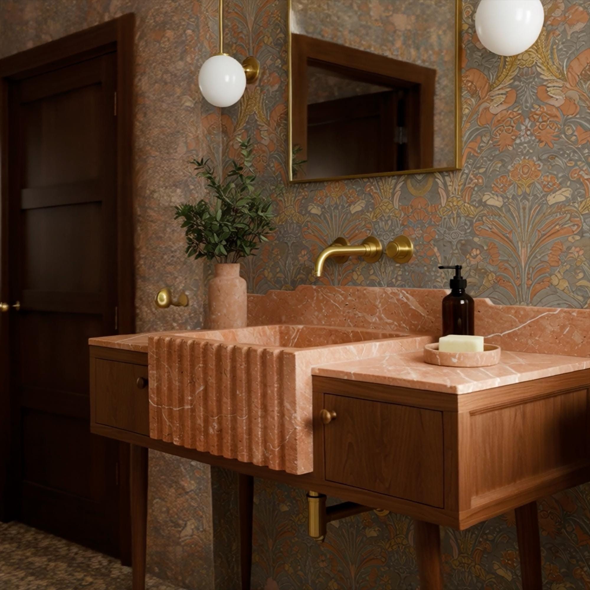 Custom fluted marble console sink with matching tray and wall-mounted brass tap, set on wood vanity