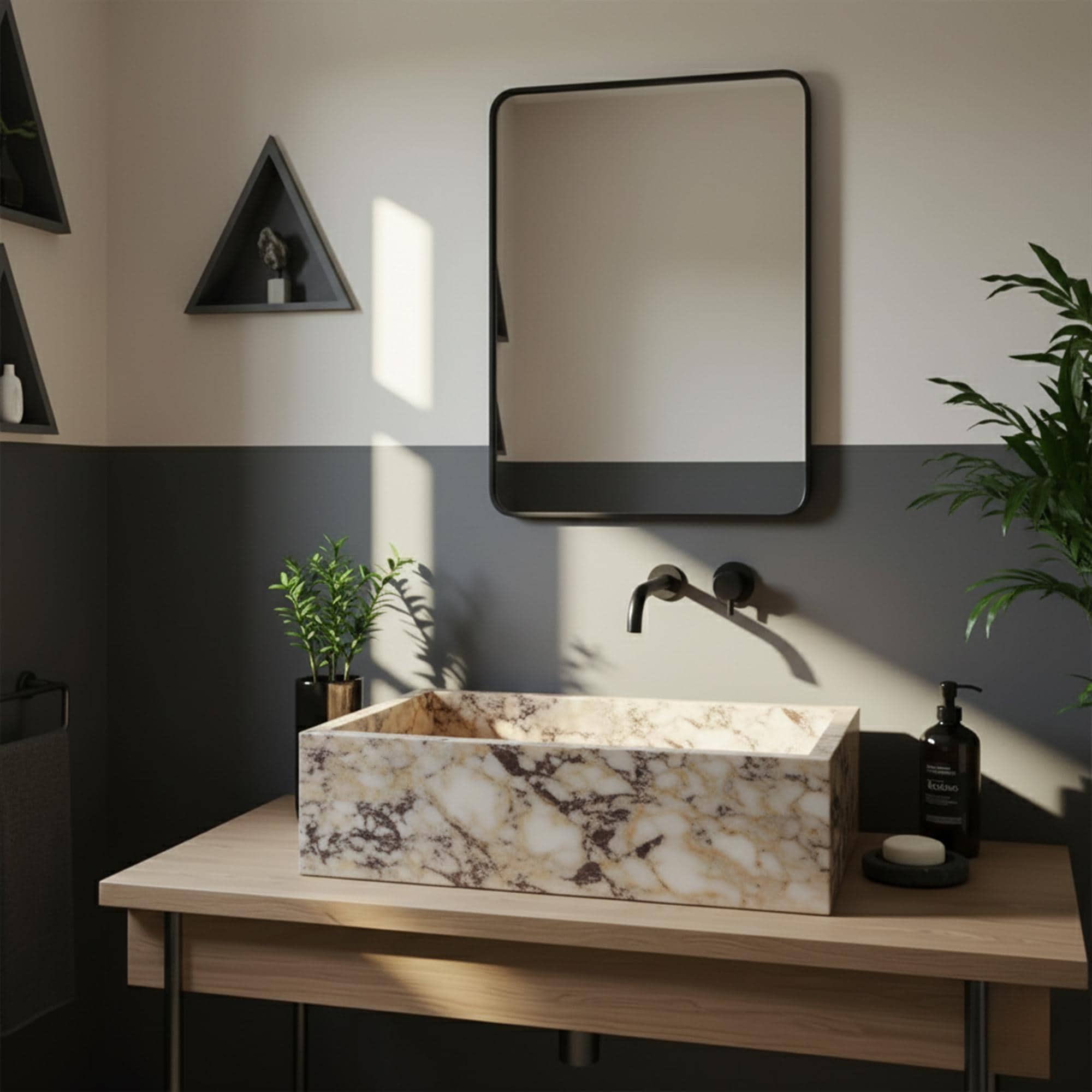 Custom marble vessel sink with bold amber and violet veining in a minimalist bathroom setting