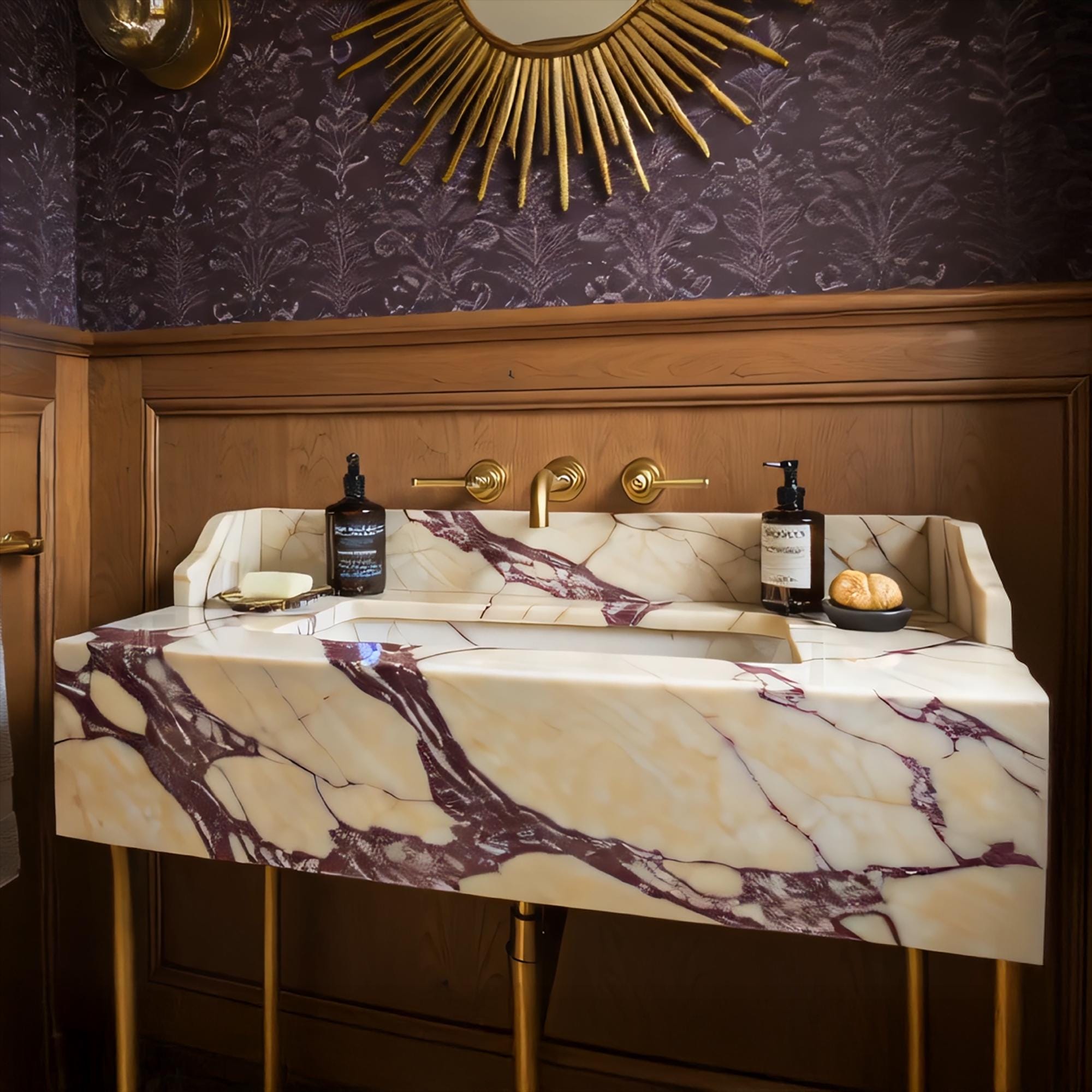 Hand-carved floating marble sink in Calacatta Amber Viola with striking burgundy veining and gold hardware accents