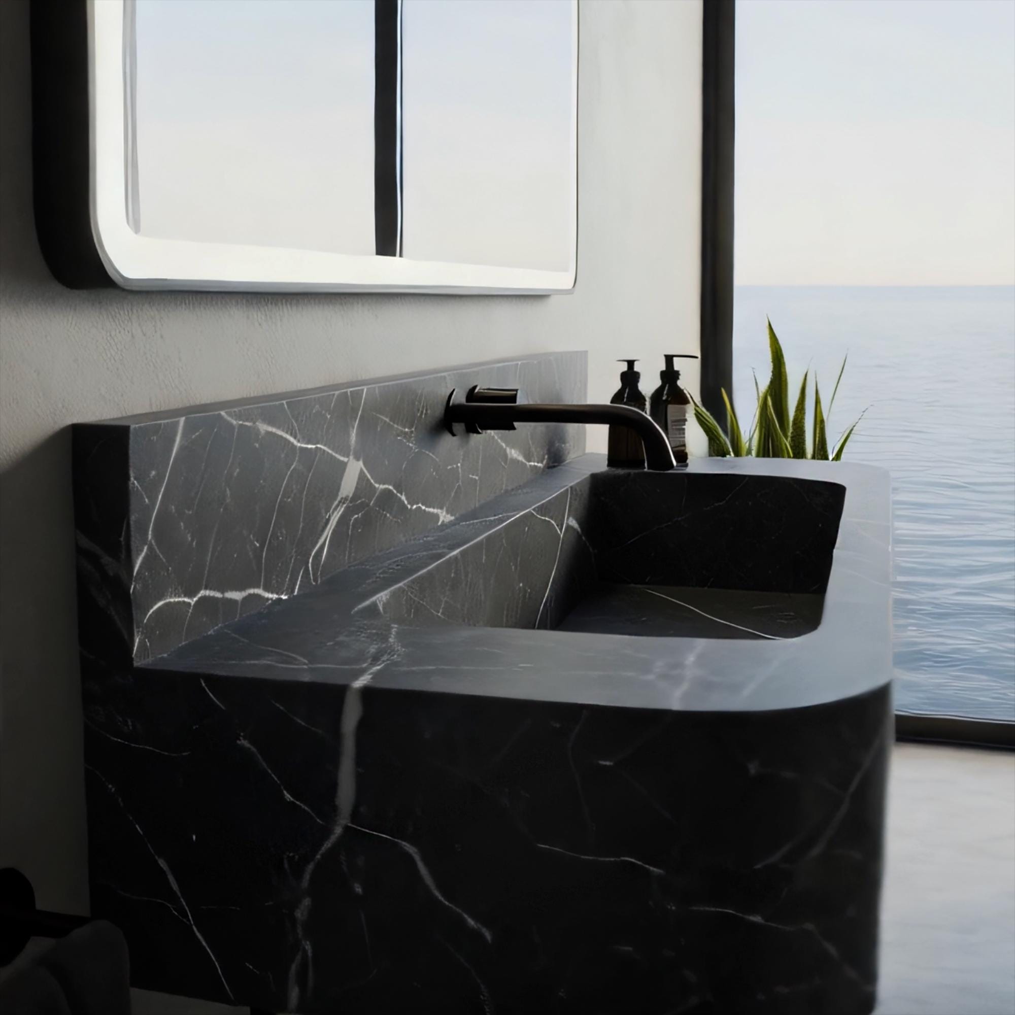 Matte finish Pietre Notte marble floating vanity with built-in shelf and metal legs