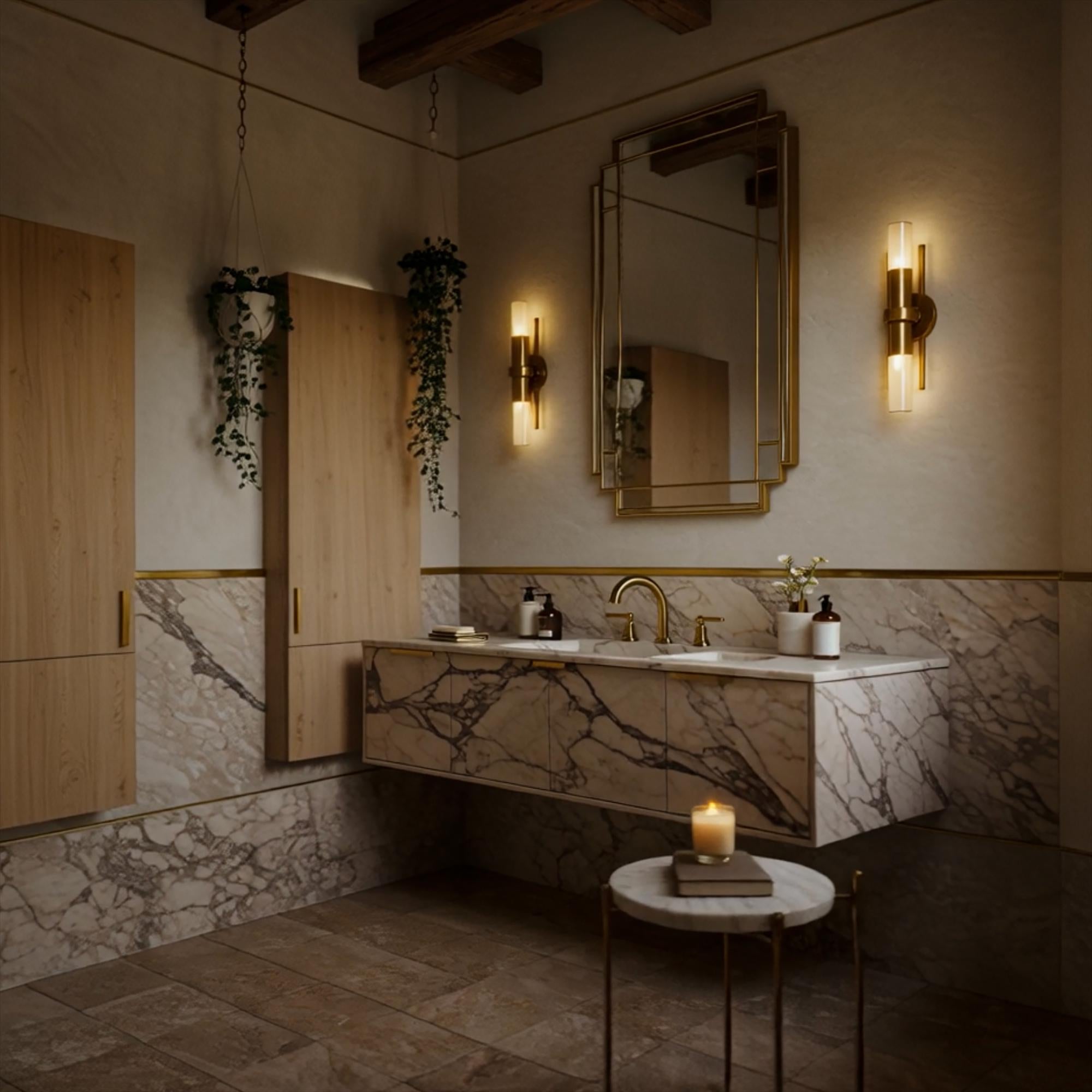 Minimalist Calacatta Monet vanity featuring floating drawers and seamless marble top