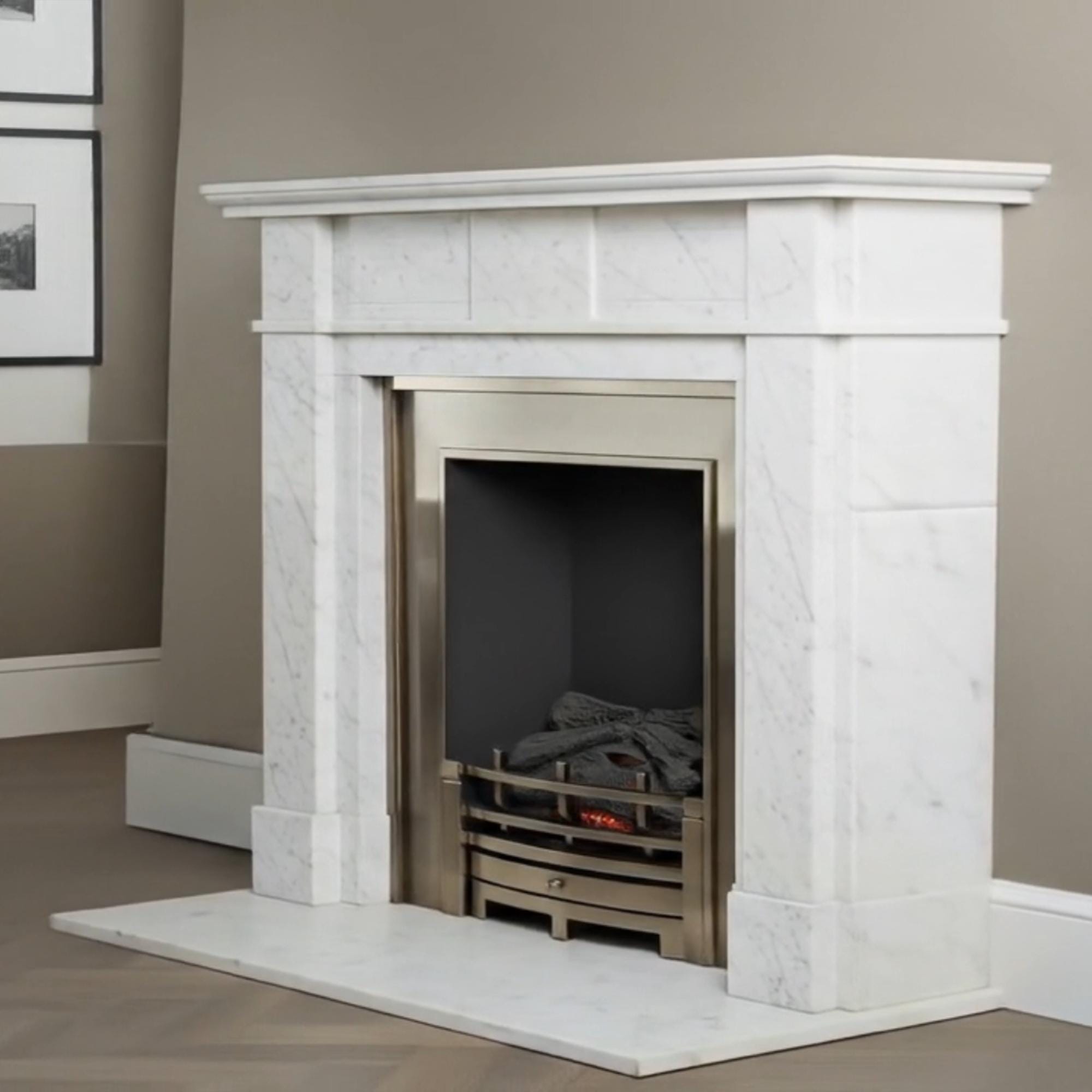 Contemporary marble fireplace mantelpiece in polished Carrara stone for modern interiors