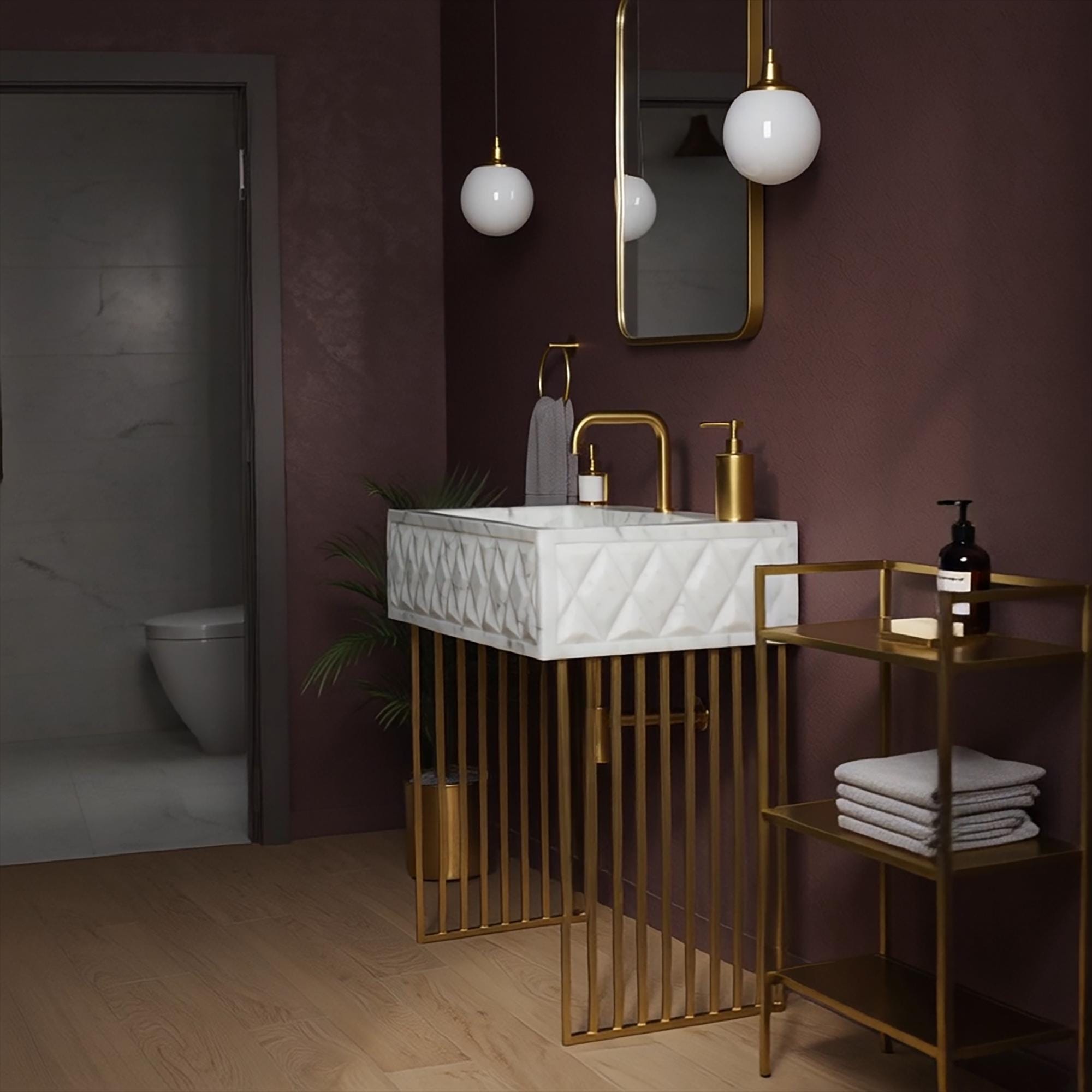 Modern floating vanity with carved Carrara marble basin and minimalistic gold metal frame
