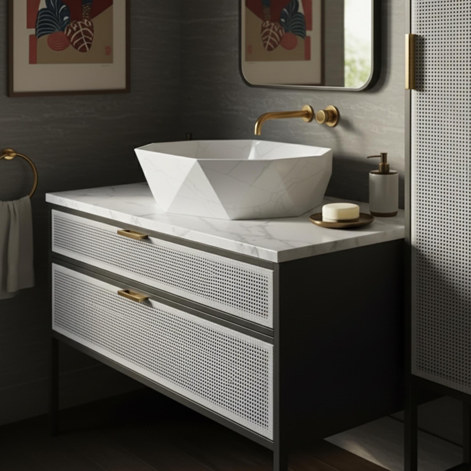 Modern bathroom featuring a sculpted marble basin and sleek vanity with woven rattan drawers and gold fixtures.