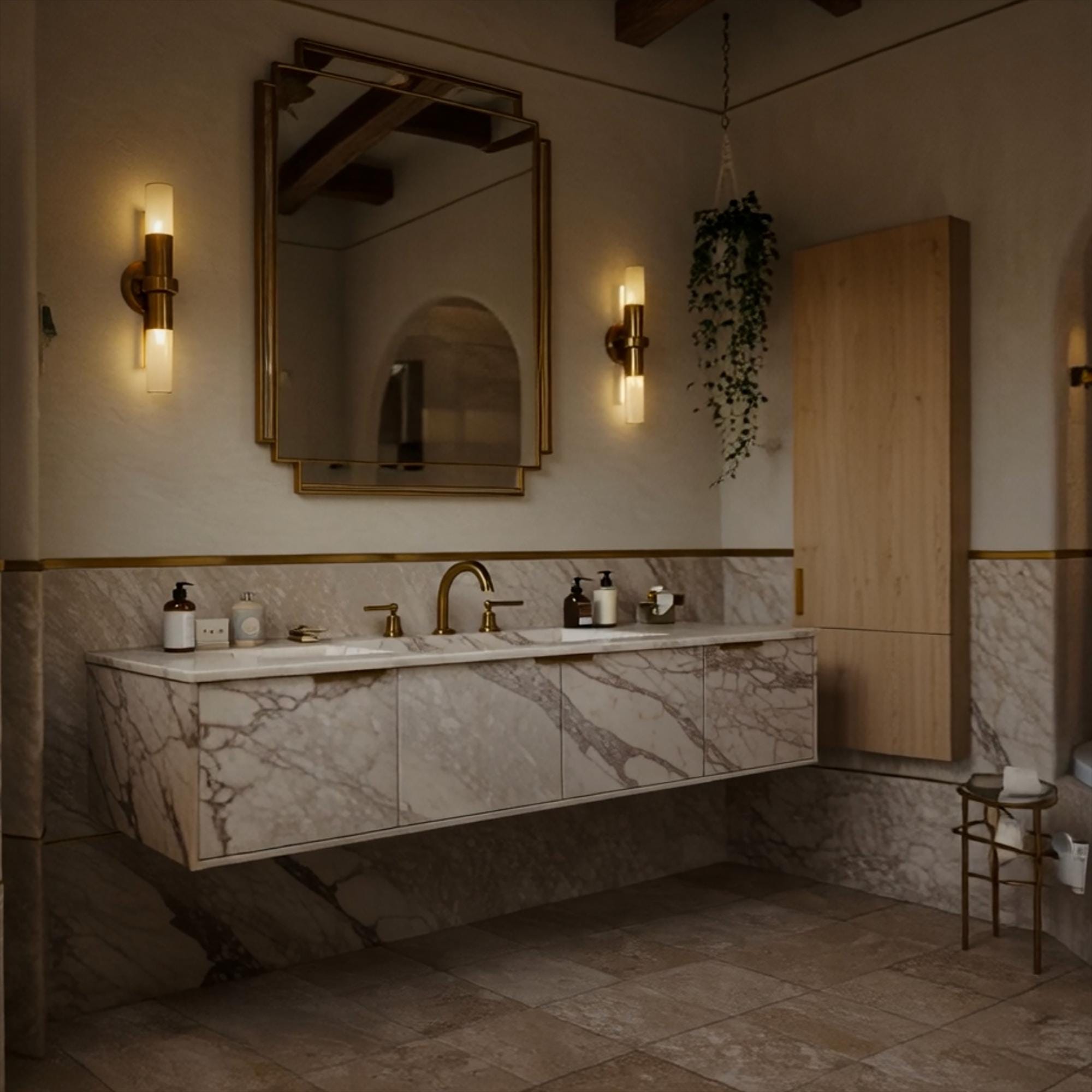 Modern floating vanity unit crafted from Calacatta marble with hidden storage drawers