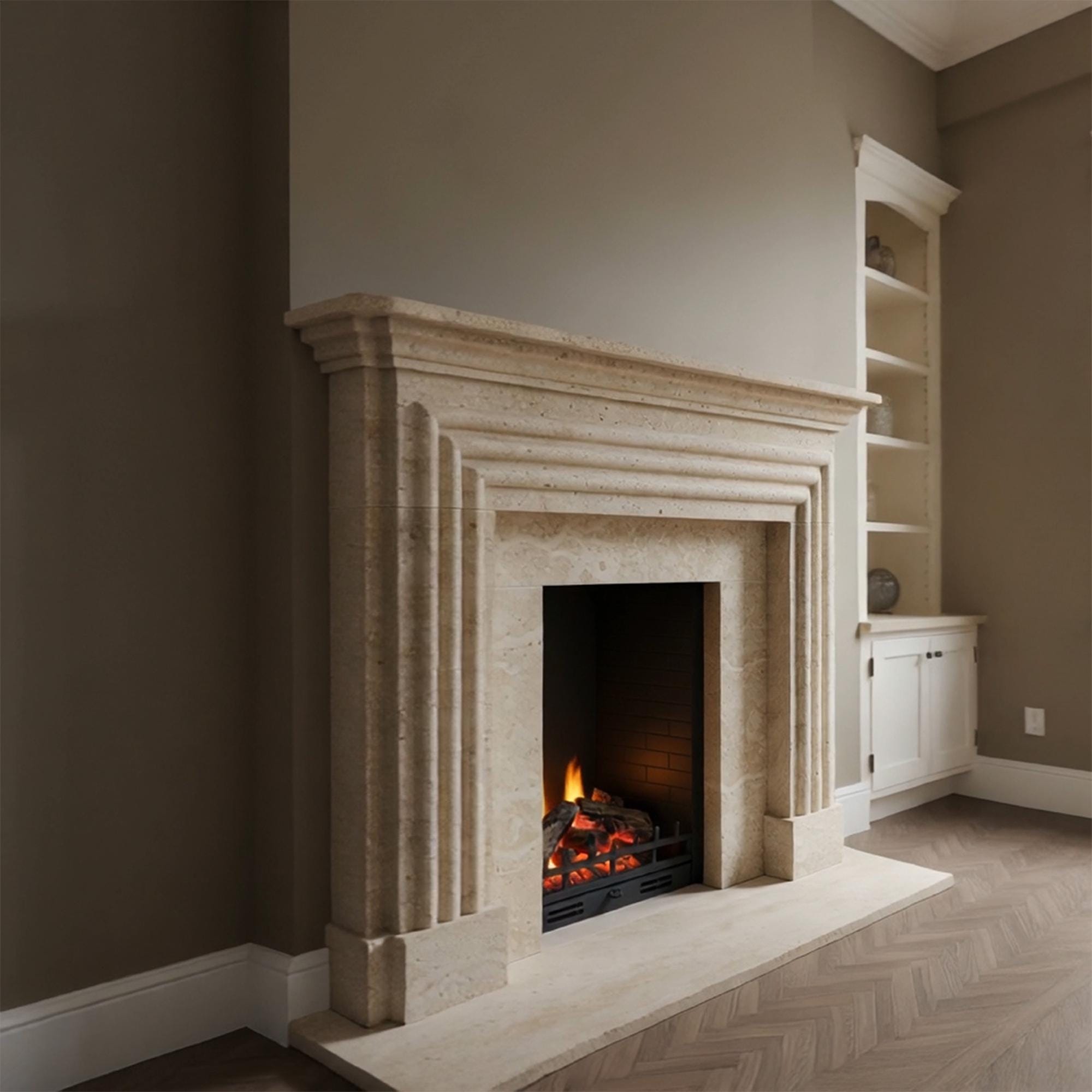 Modern fireplace surround in beige marble featuring fluted vertical lines and stepped layers