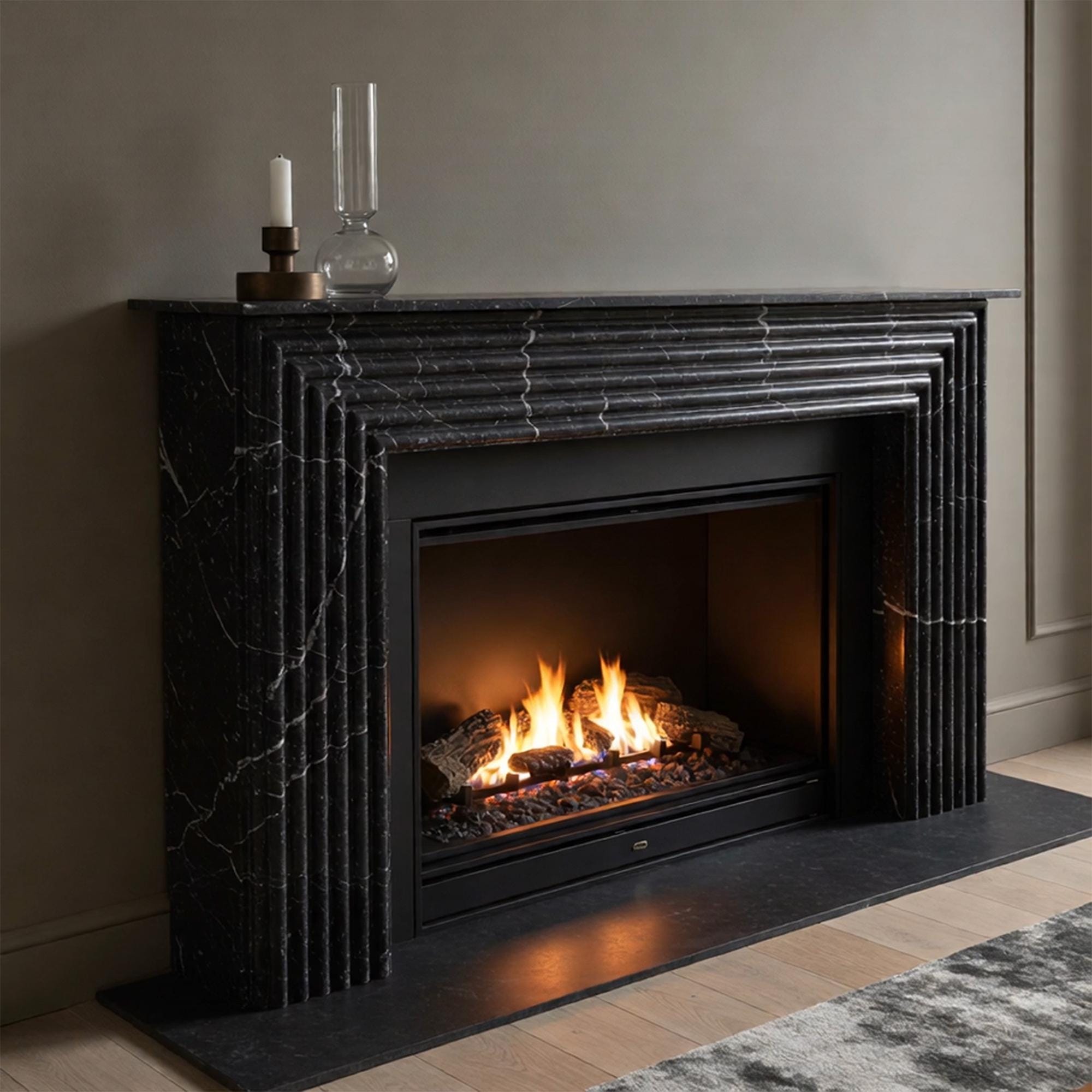 Modern fluted fireplace carved from Pietre Notte marble, combining sophistication with sculptural depth