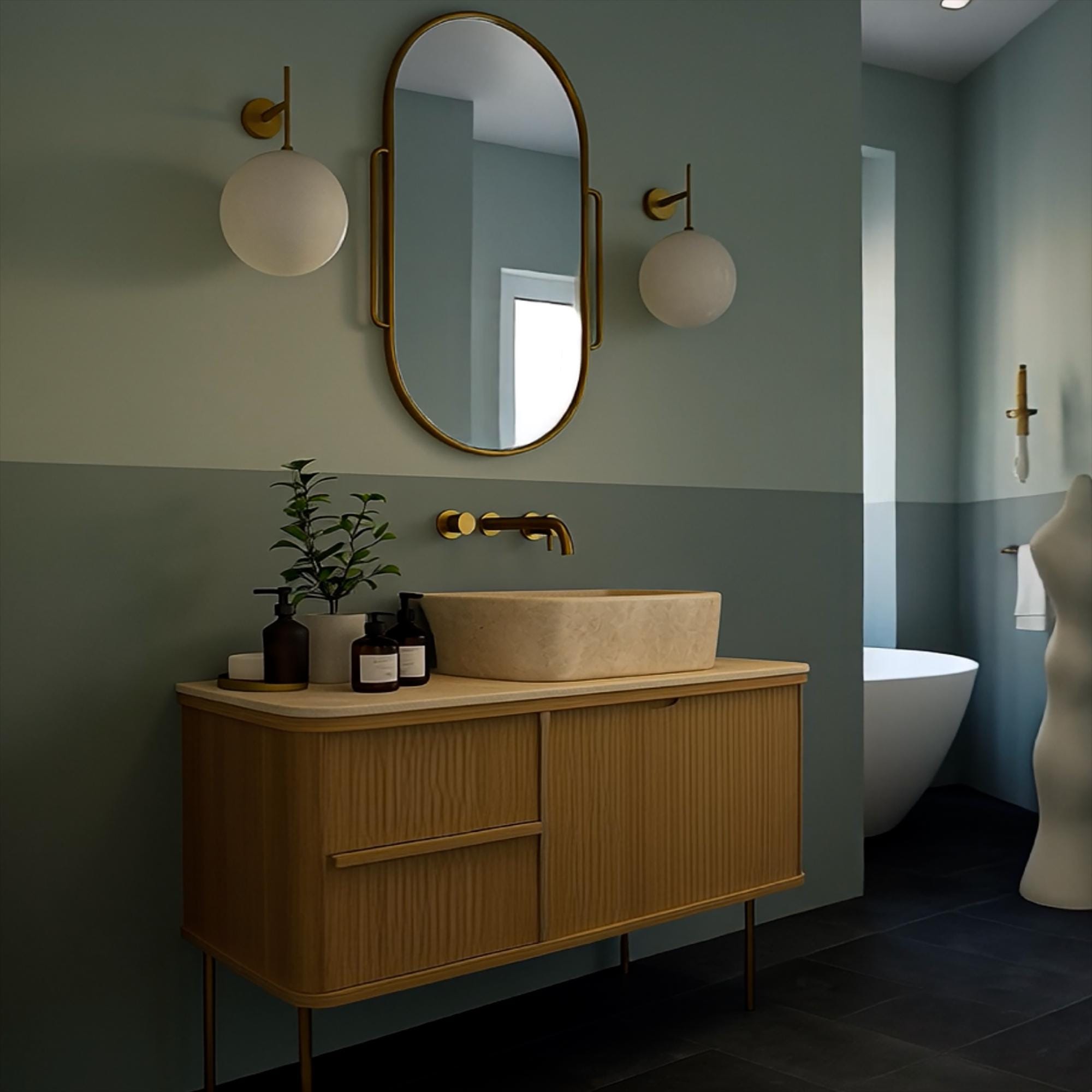 Contemporary bathroom vanity with handcrafted marble vessel sink and open shelf