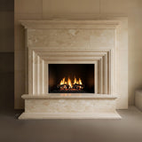 Beige marble fireplace mantel with layered architectural design and soft stone texture surrounding a cozy fire