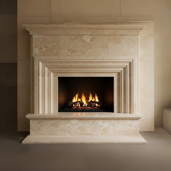 Handcrafted Monarch Beige Marble Fireplace Mantel (Layered Architectural Stone Surround) M7S007