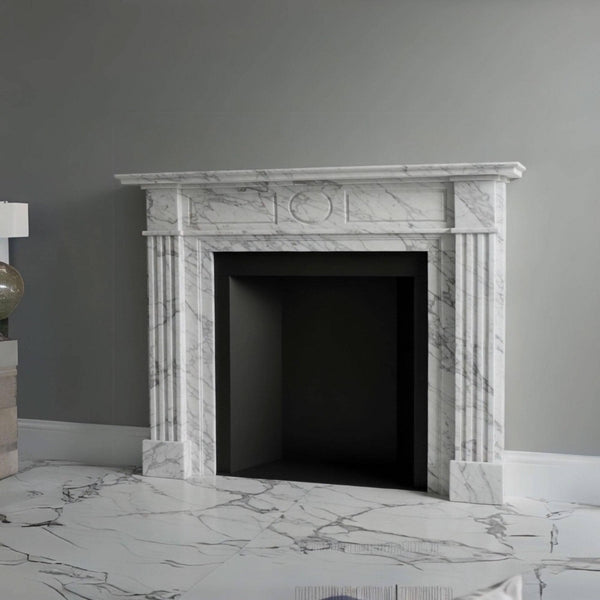 Monarch White Marble Fireplace Mantel (Hand-Carved Fluted Classic Stone Surround) M7S40