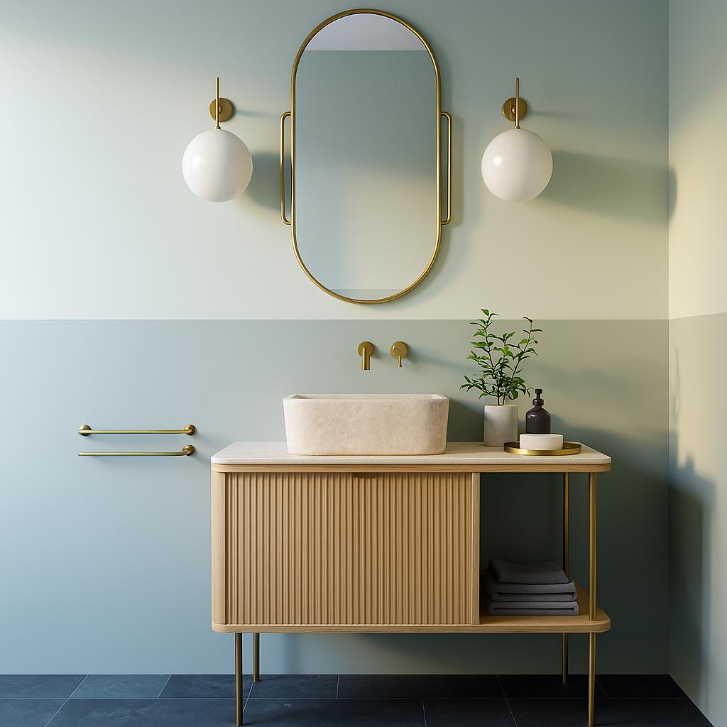 Hand-carved natural stone vessel sink on modern wood vanity with brass fixtures