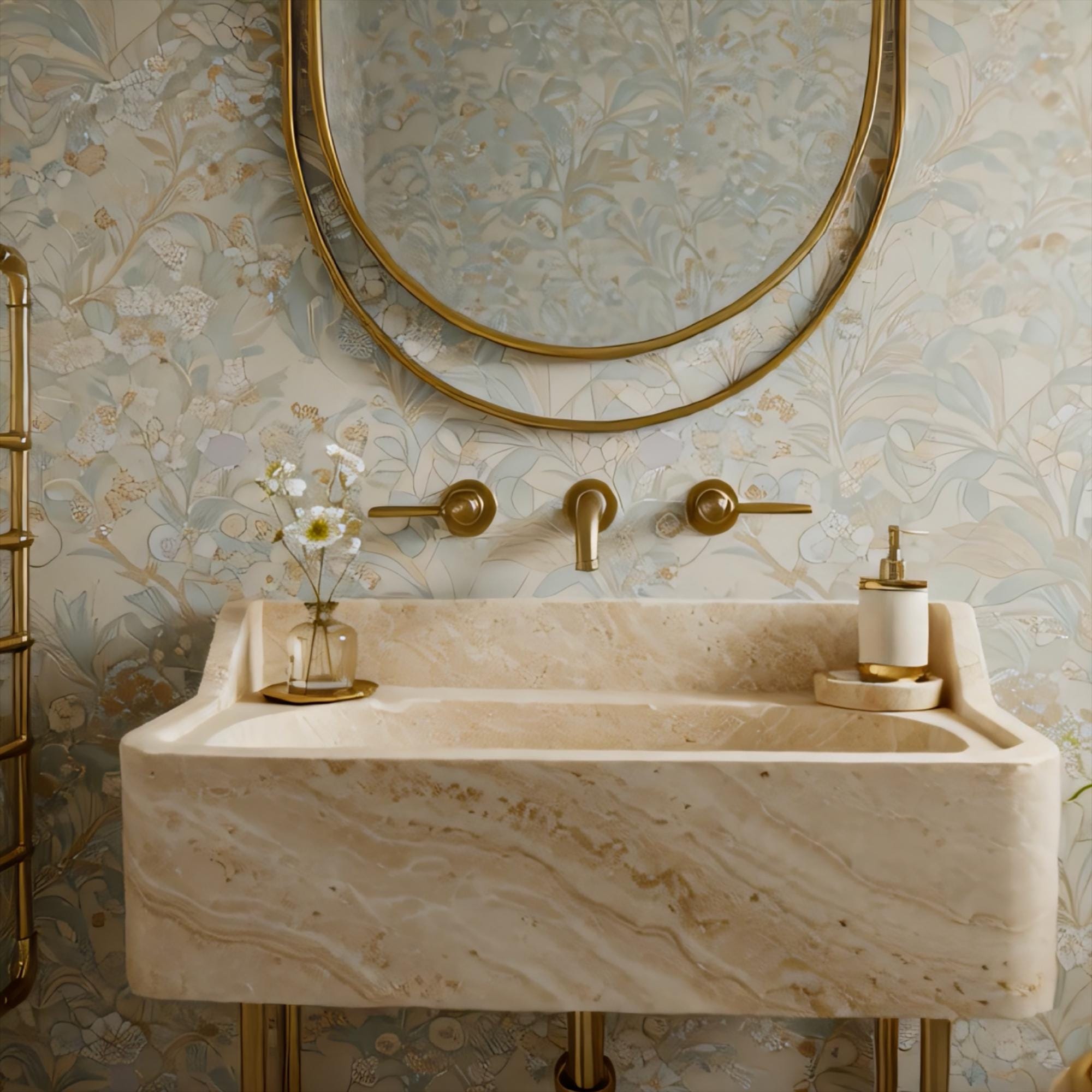 Softly contoured bathroom vanity in beige travertine stone with integrated basin and golden brass legs