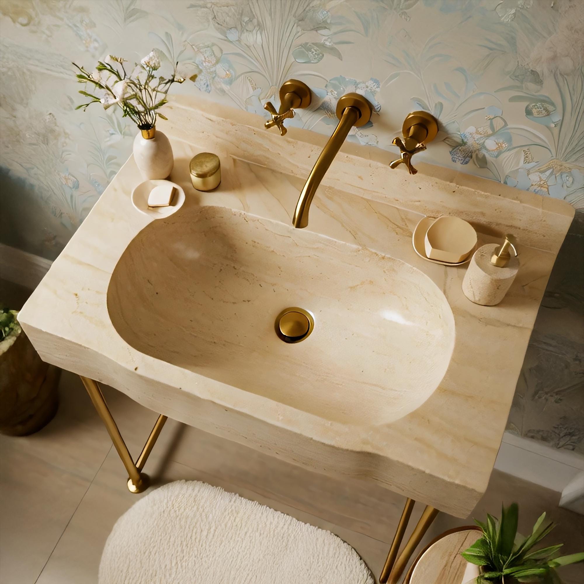 Floating vanity made of light beige travertine marble featuring a soft, natural wave pattern and brass fixtures