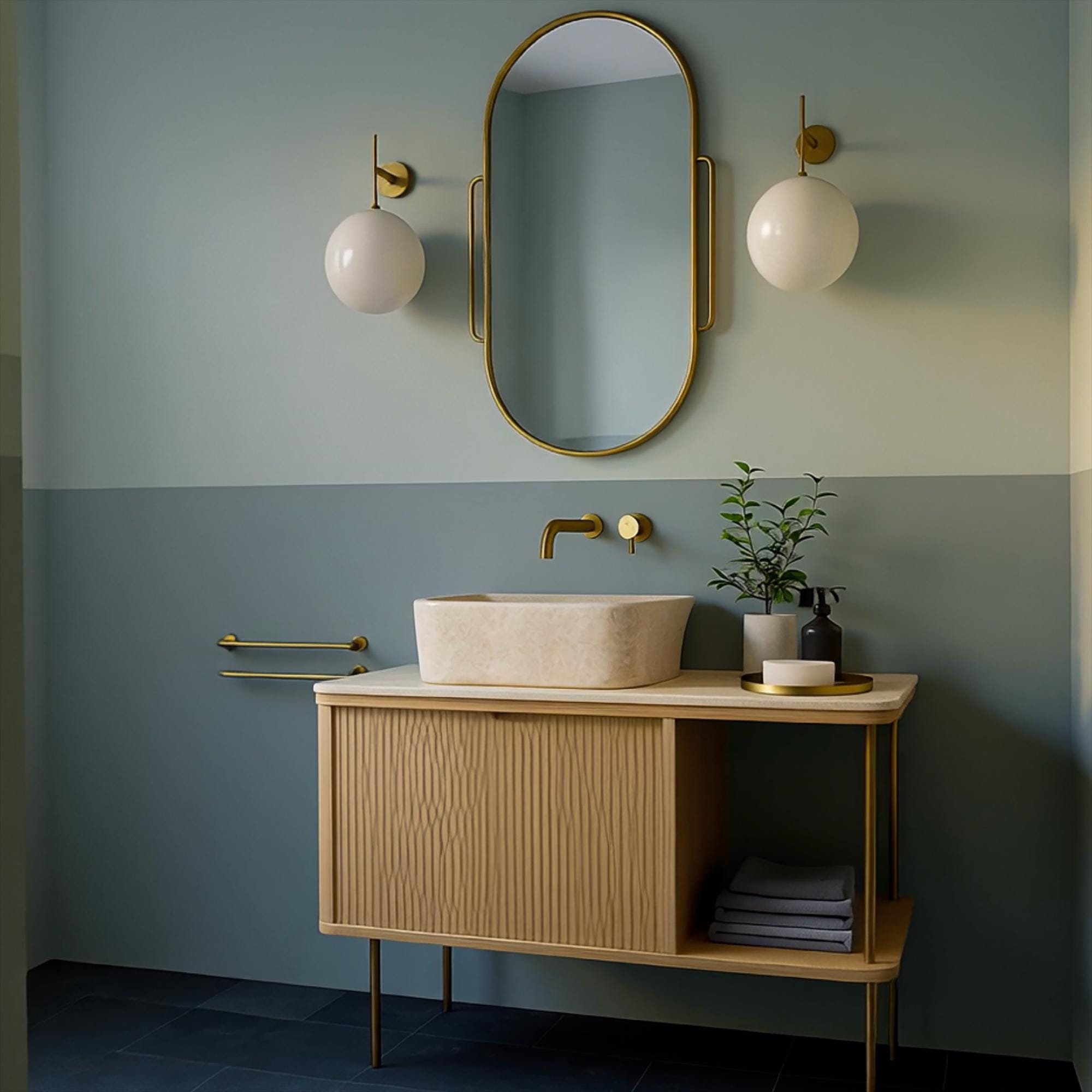 Neutral-toned marble vessel sink atop fluted wood vanity with soft brass fixtures