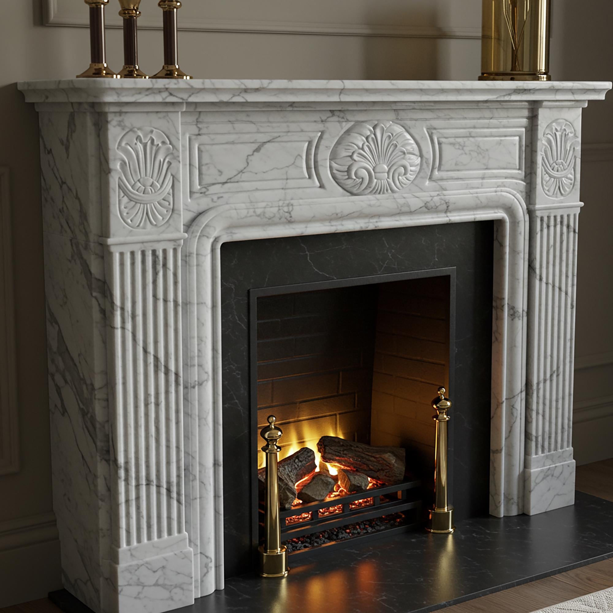 Traditional white Carrara marble fireplace mantel with hand-carved shell and fluted detailing around a black firebox