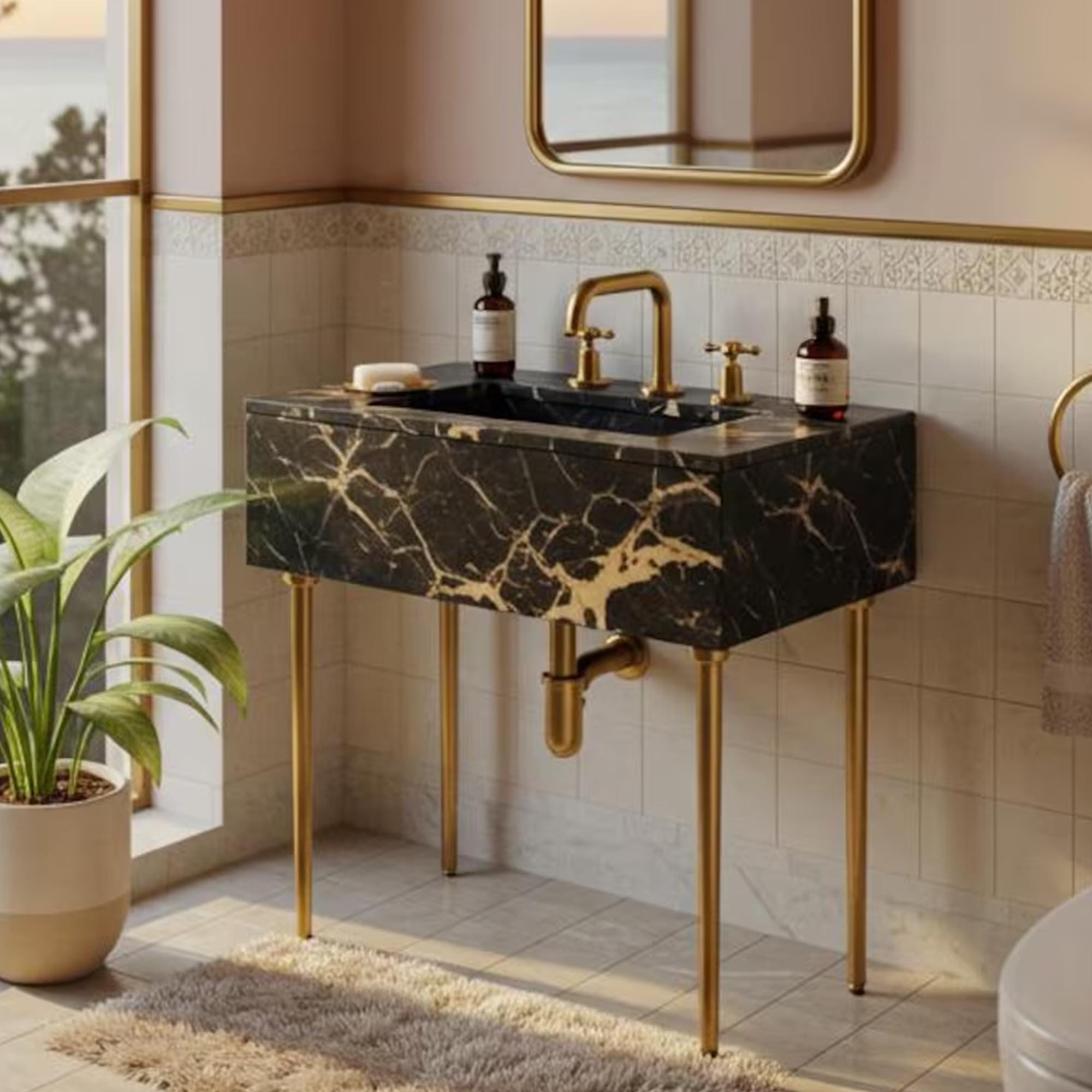 Elegant Picasso marble sink with dramatic black and gold veining, mounted on brass legs
