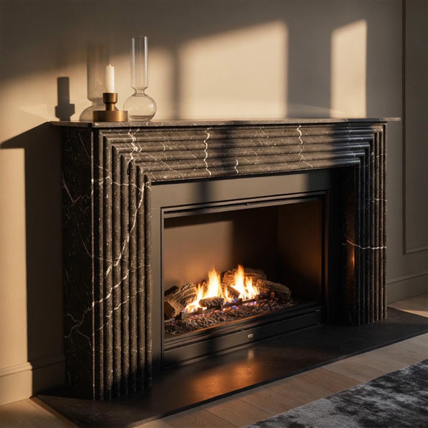 Handcrafted Pietre Notte Black Marble Fireplace Mantel (Art Deco Fluted Stone Surround) M7S020