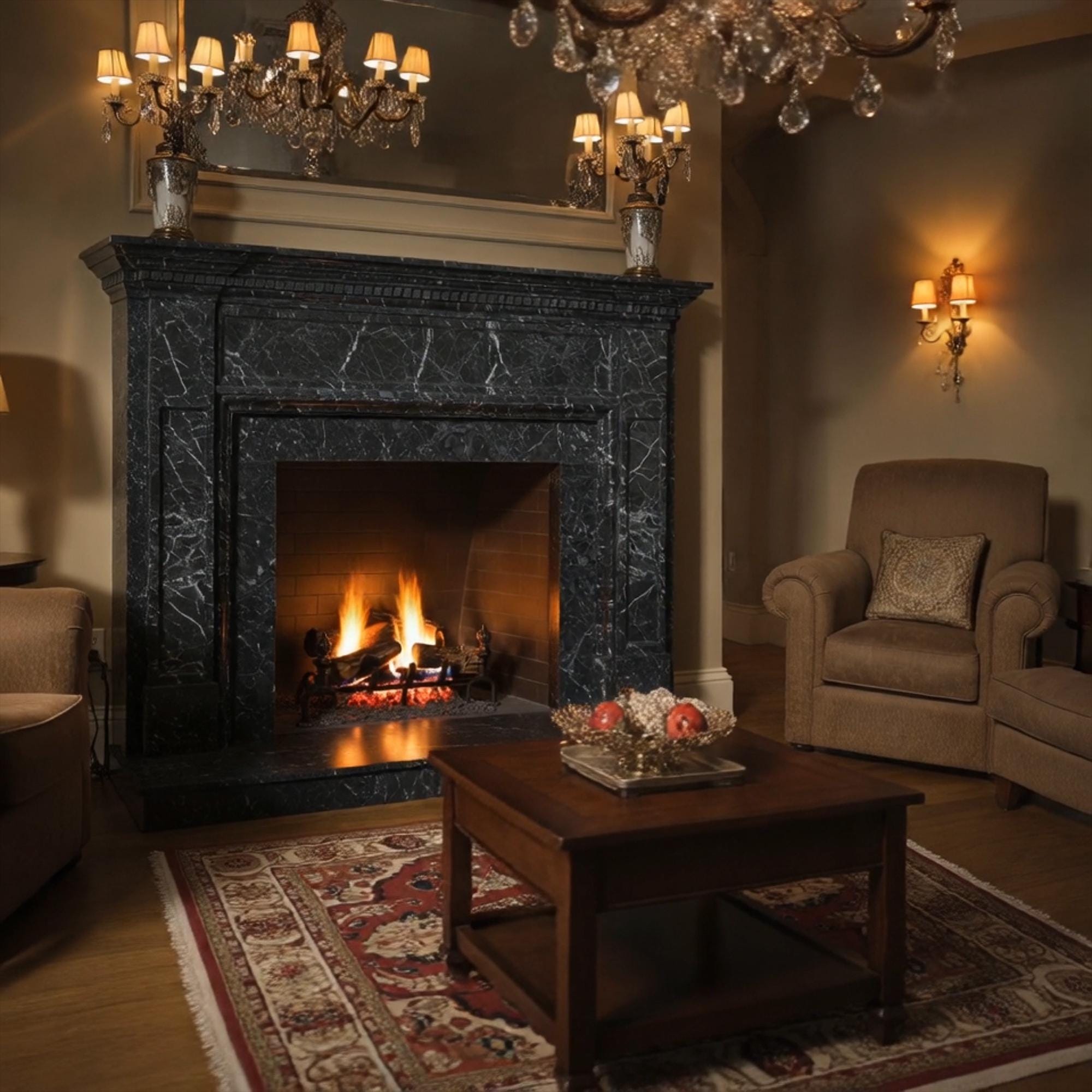 Elegant black marble fireplace mantel with classic detailing and a handcrafted stone surround