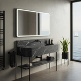 Floating black marble sink in Pietre Notte with integrated backsplash and open metal frame shelf
