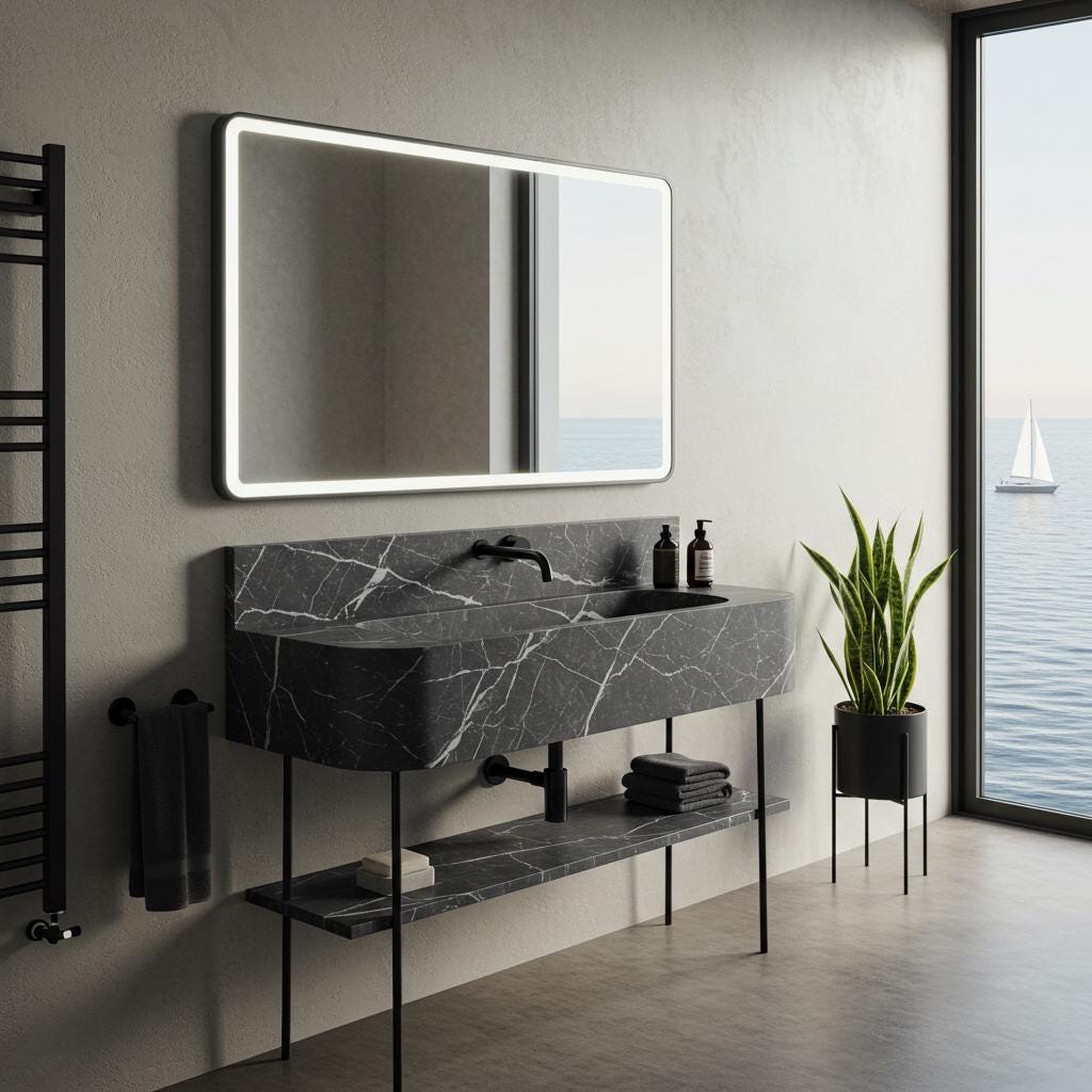 Floating black marble sink in Pietre Notte with integrated backsplash and open metal frame shelf