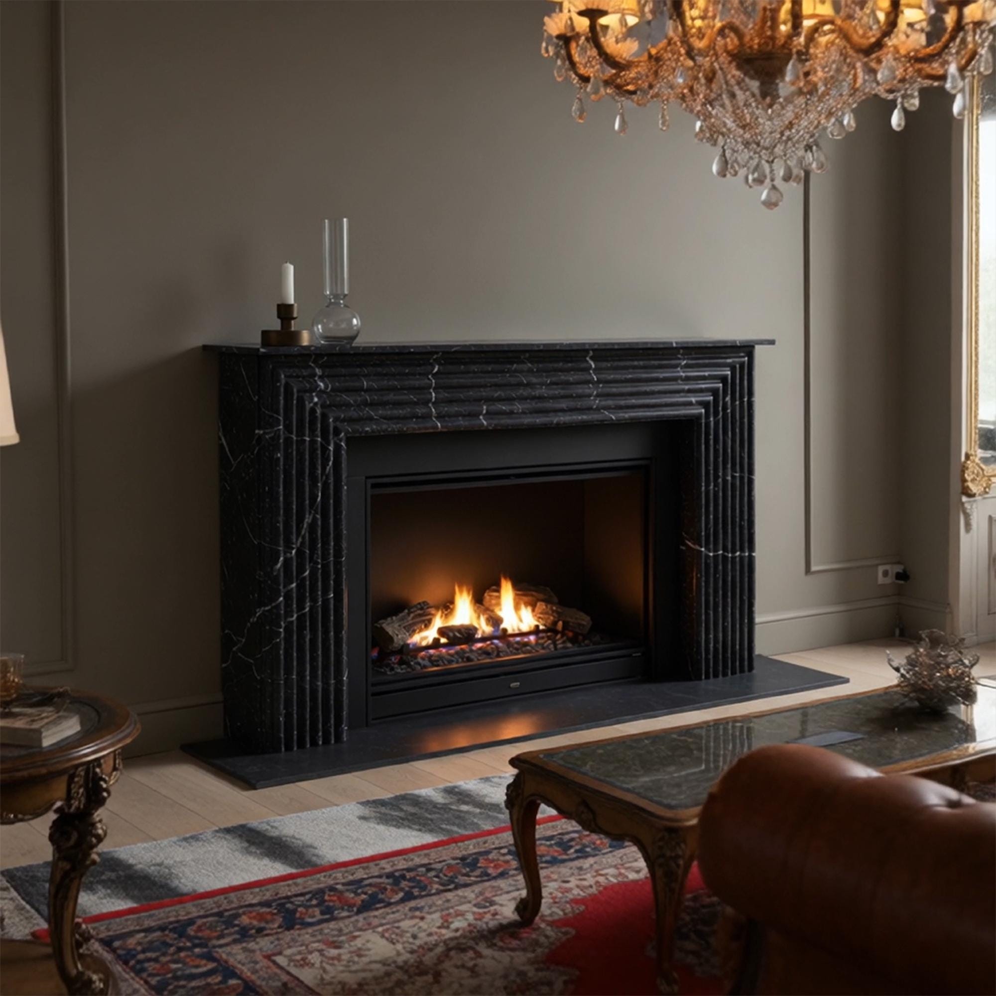 Pietre Notte black marble fireplace with fluted facade and modern Art Deco flair in a minimalist setting