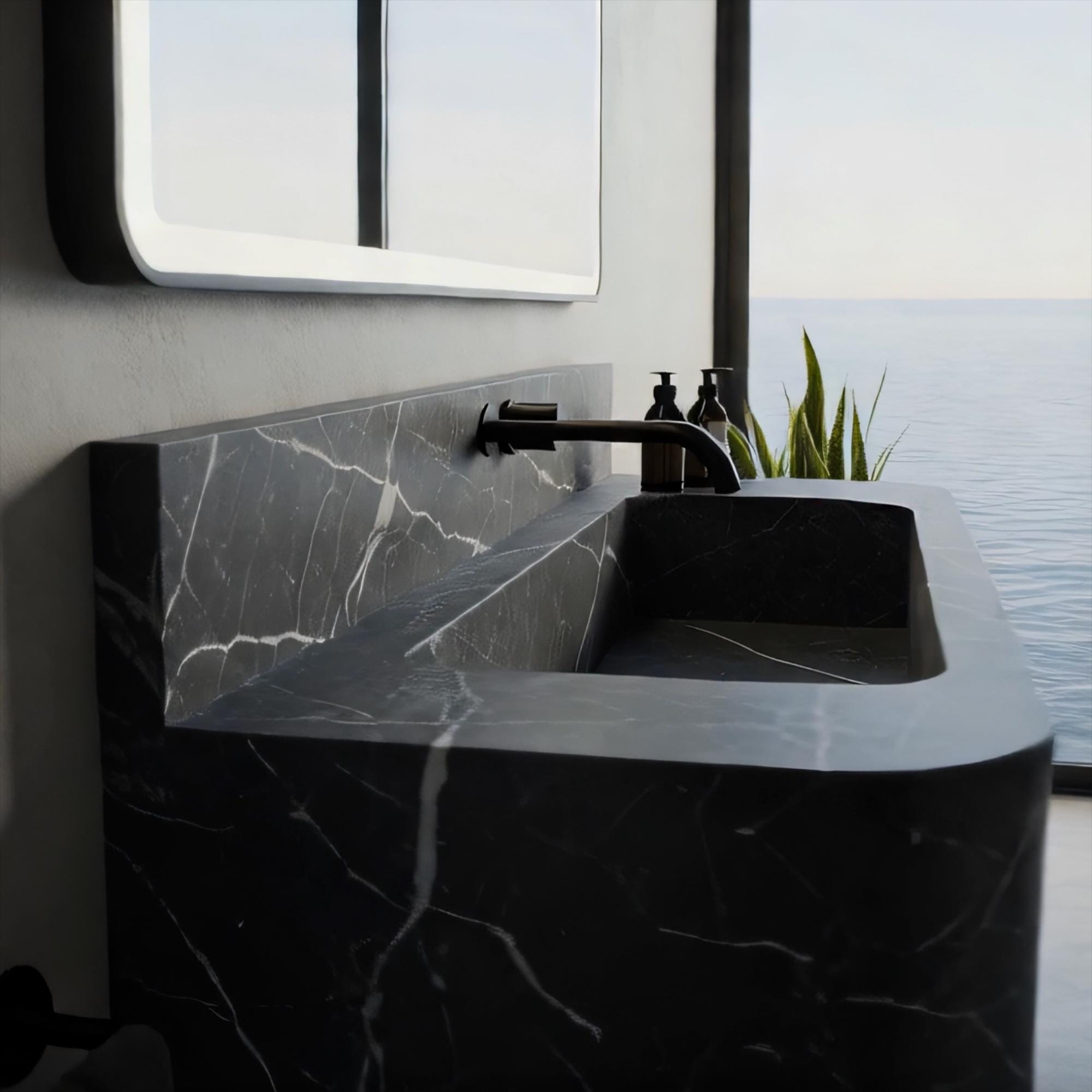 Modern floating marble sink in Pietre Notte with slim black frame and storage shelf