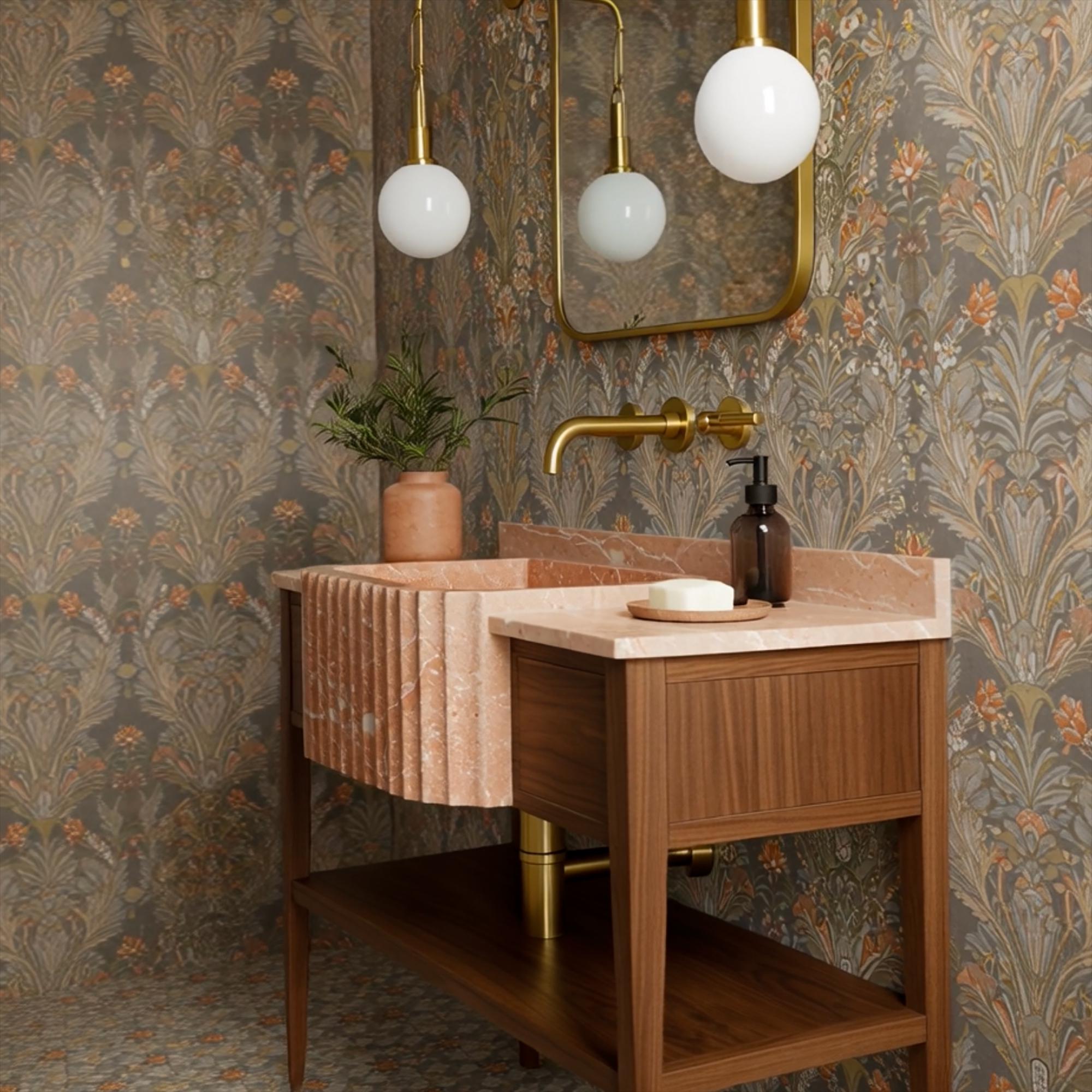 Elegant pink marble sink with fluted apron detail and matching marble backsplash, set on walnut vanity