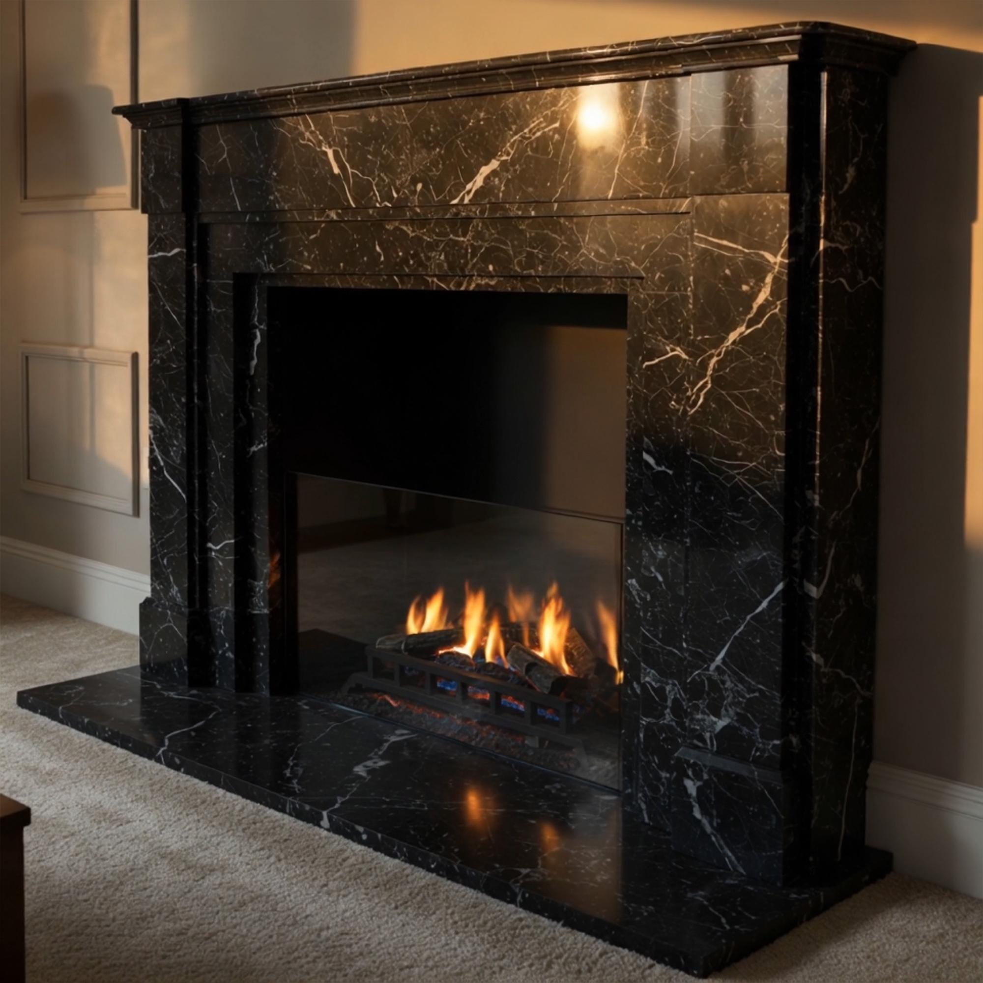 Polished black marble fireplace surround with clean lines and white veining for a timeless look