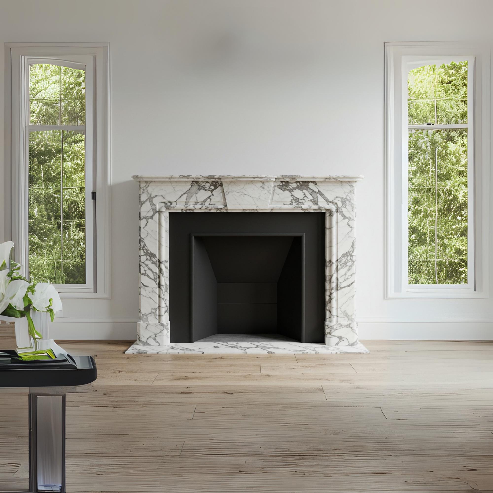 Handcrafted Calacatta marble fireplace mantel with keystone centerpiece and classic natural veining
