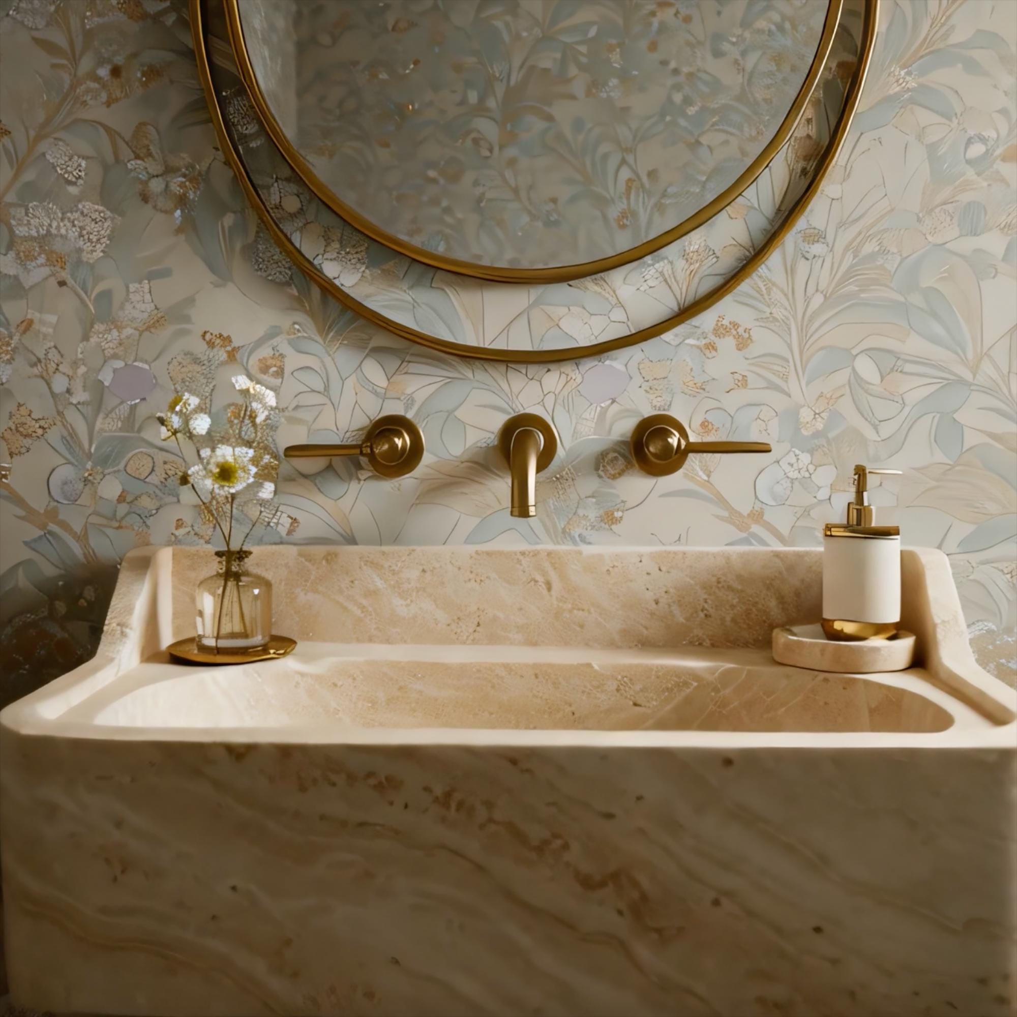 Elegant travertine marble sink with rounded corners and smooth backsplash, mounted on slender brass supports